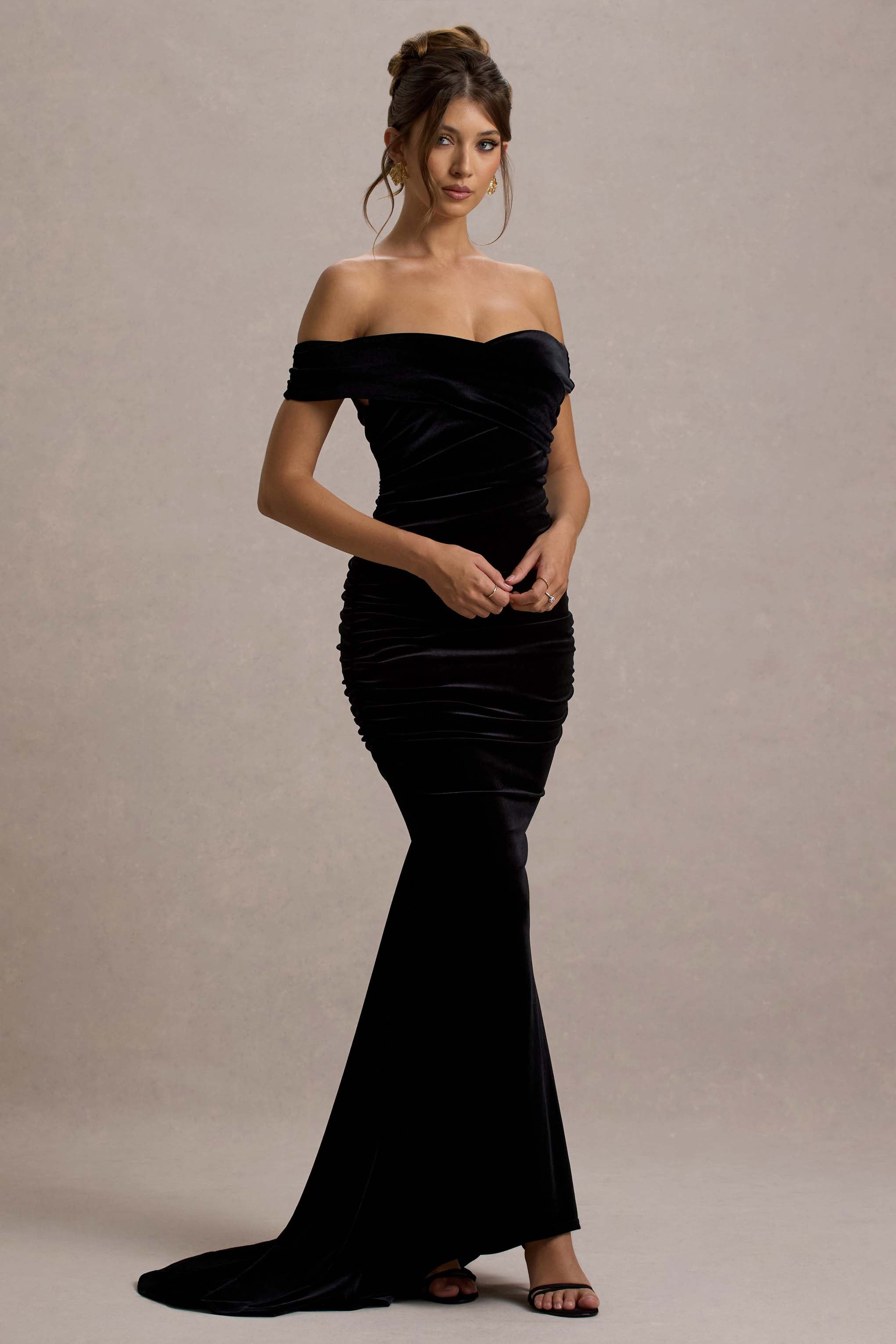 Apolline | Black Velvet Off The Shoulder Ruched Fishtail Maxi Dress-Sowoom