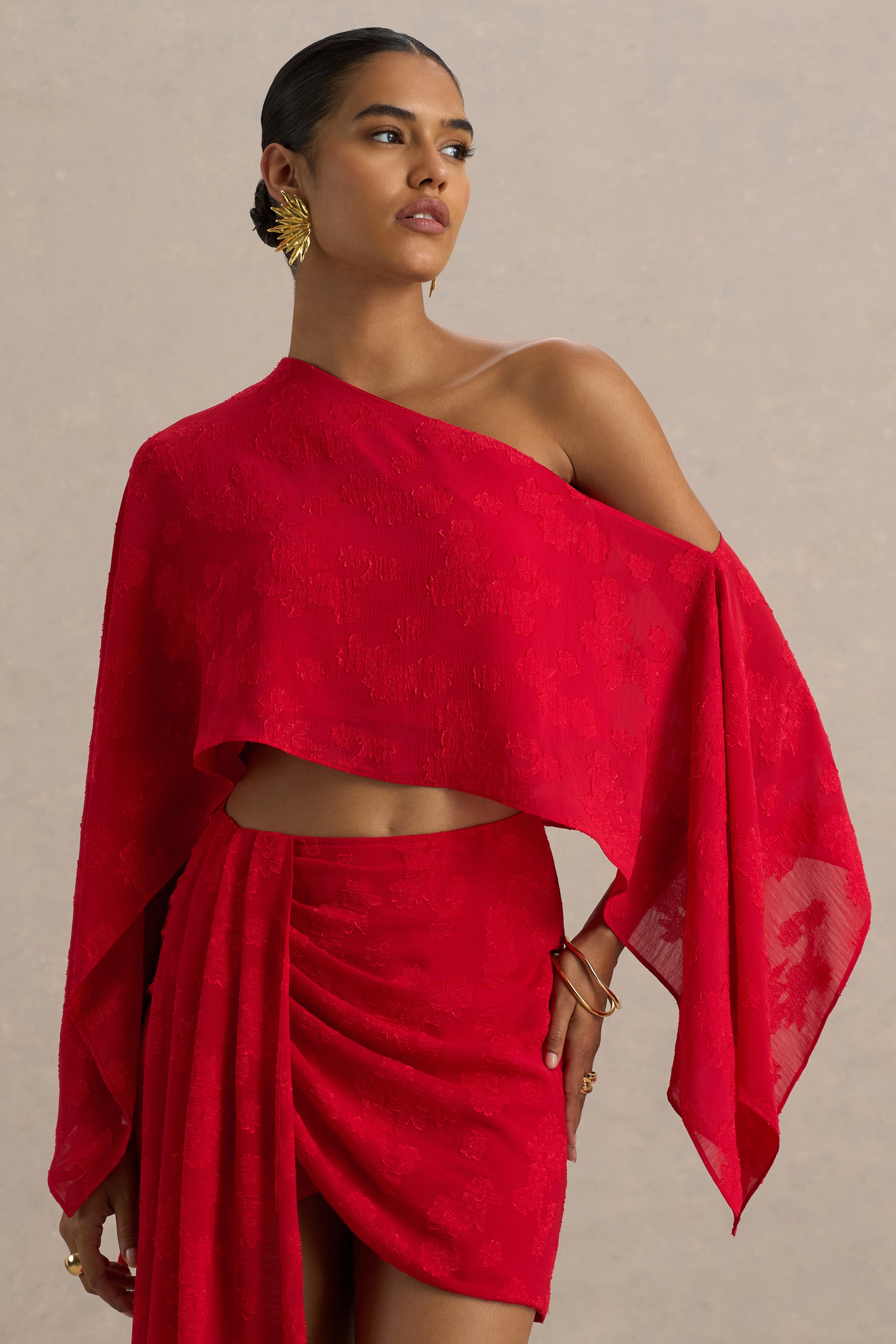 Aruba | Red Satin Devore Asymmetric Long-Sleeve Crop Top-Sowoom