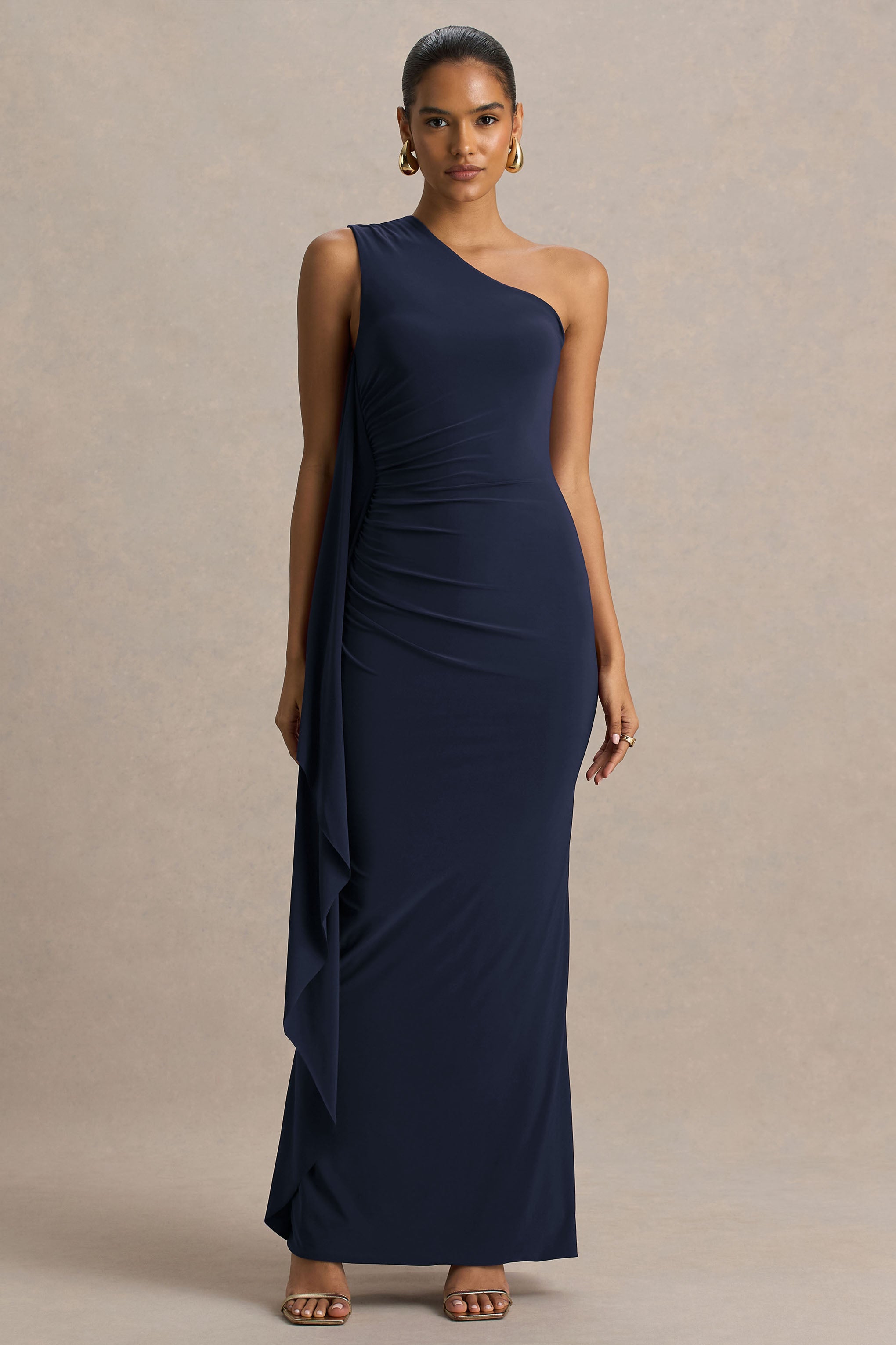 Adelina | Navy One-Shoulder Maxi Dress With Drape-Sowoom