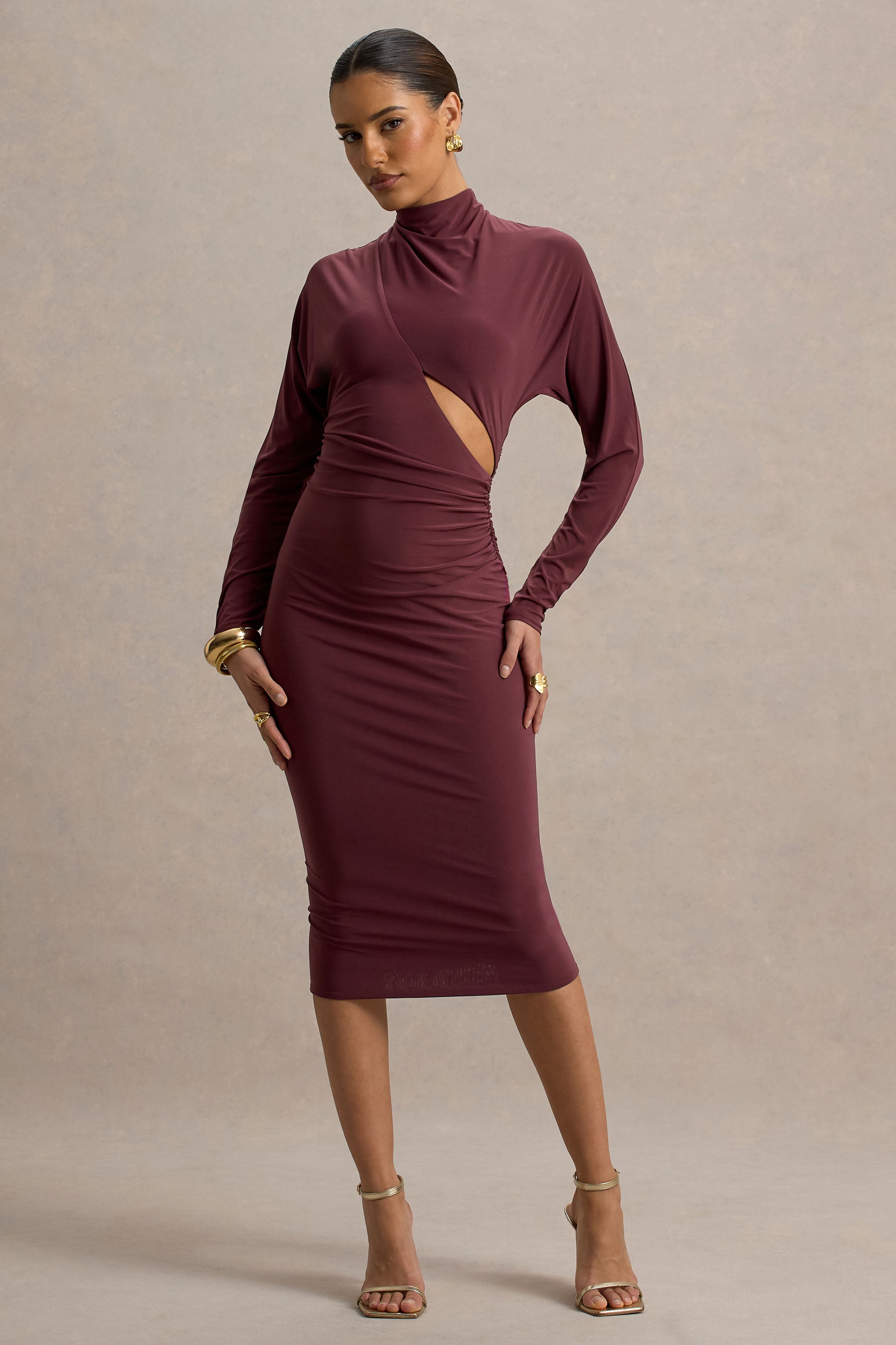Pandora | Burgundy Long-Sleeve Midi Dress With Cut-Out-Sowoom