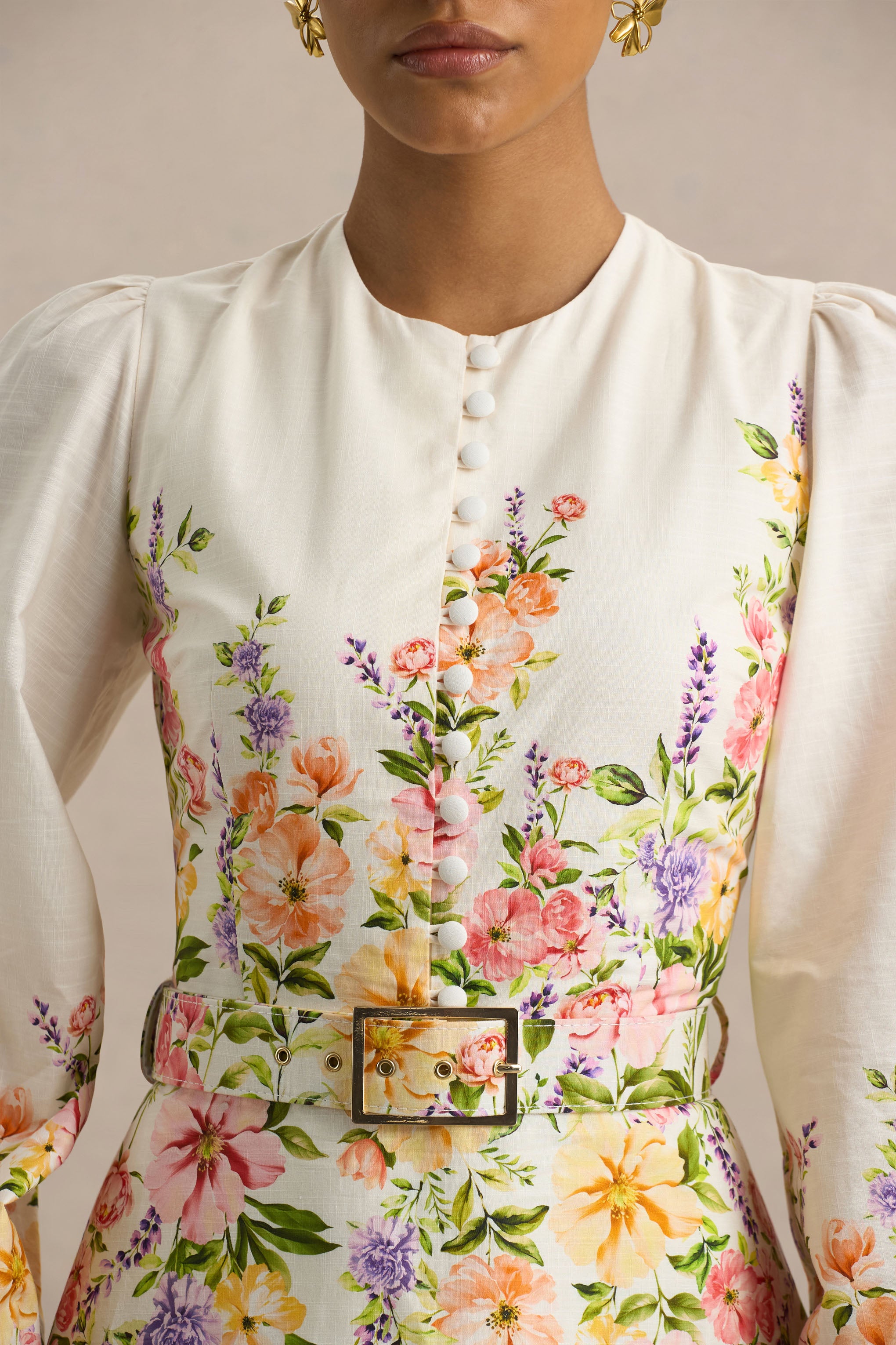 Dahlia | White Floral Border Print High-Neck Midi Dress-Sowoom