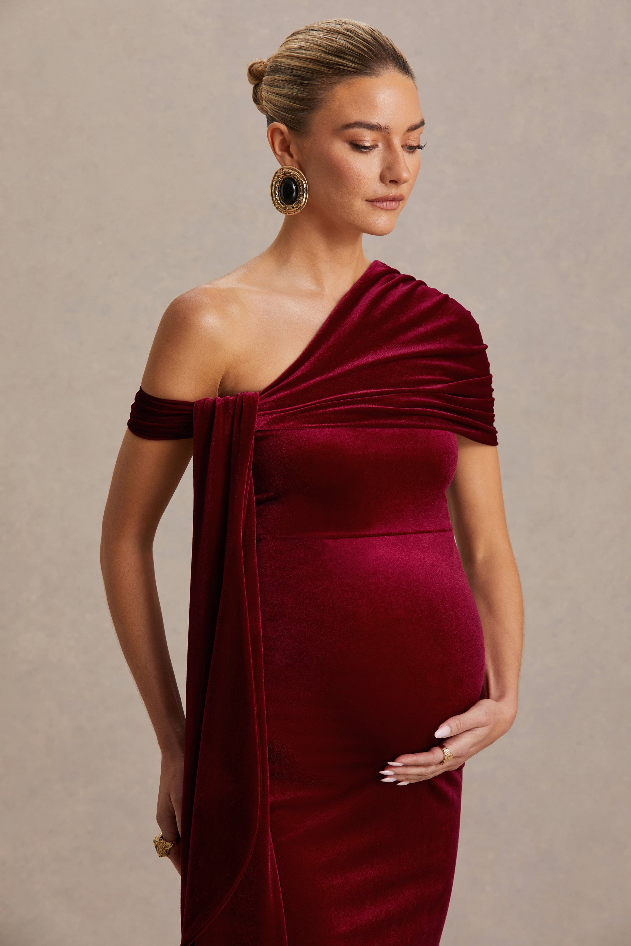 Zena | Burgundy Velvet Asymmetric-Neck Maternity Midi Dress With Knot And Sash Detail-Sowoom