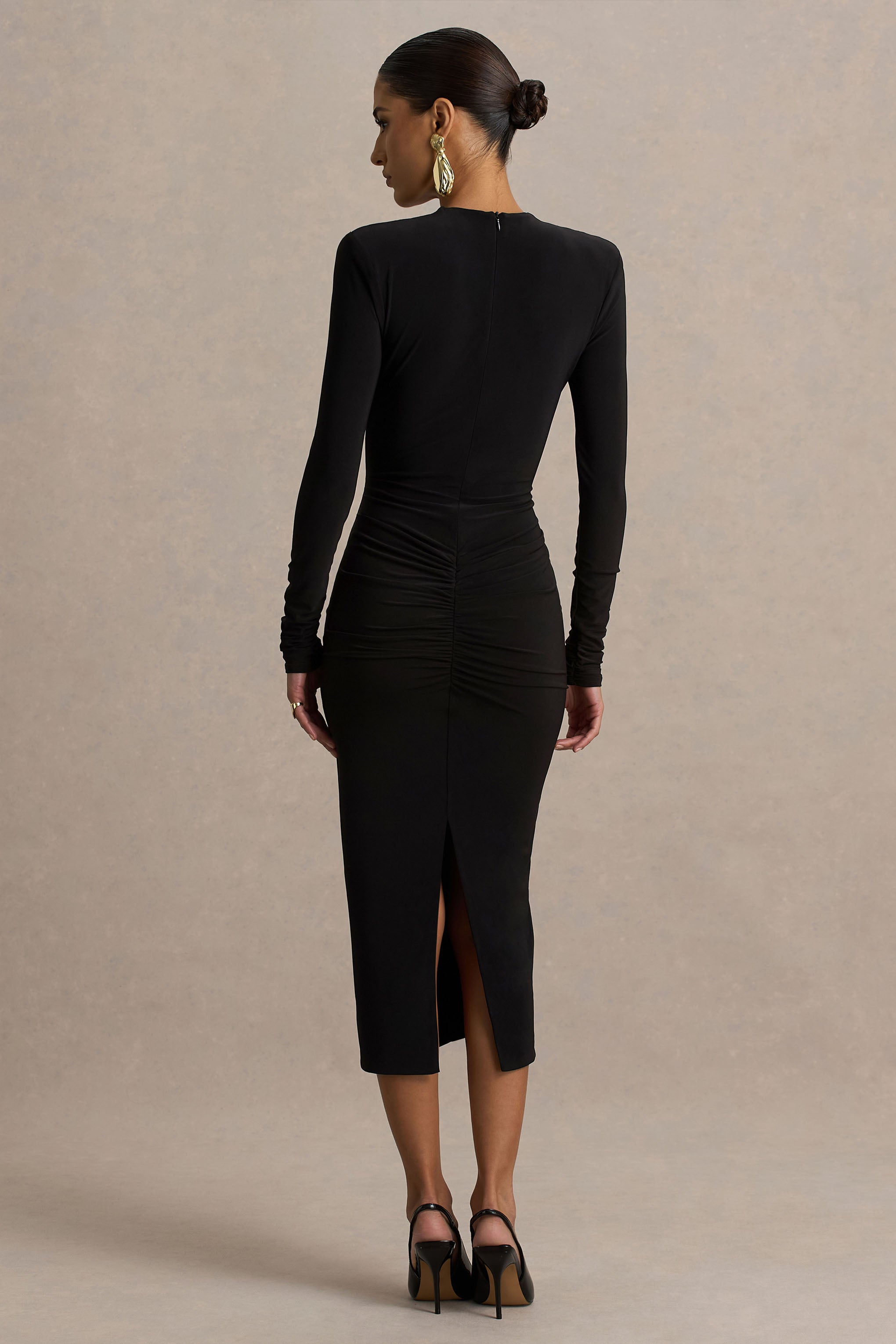 Ivara | Black Plunge-Neck Midi Dress With Ruched Detailing And Sash-Sowoom