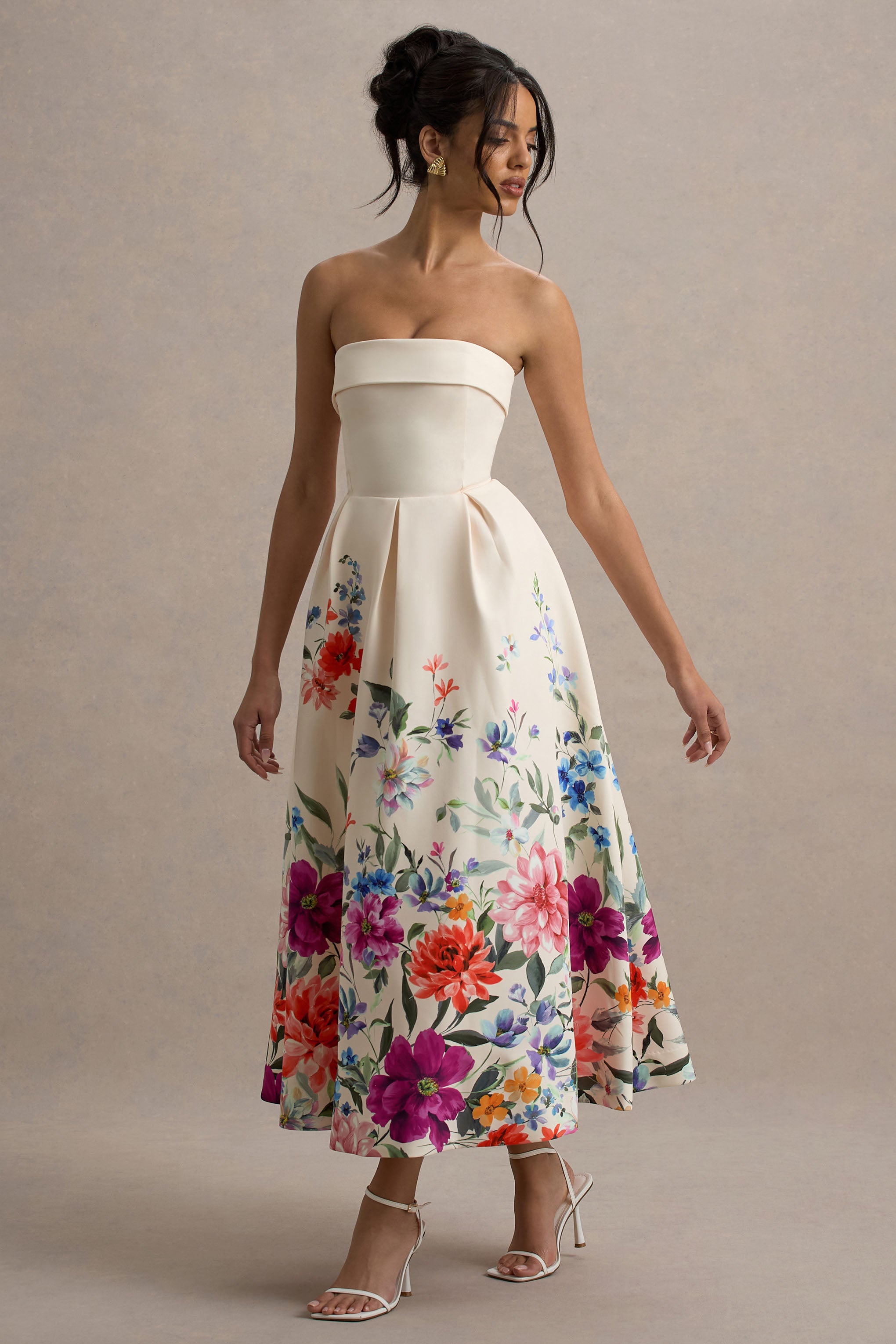 Annalise | Light Pink Floral Print Bandeau Skater Midi Dress-Sowoom