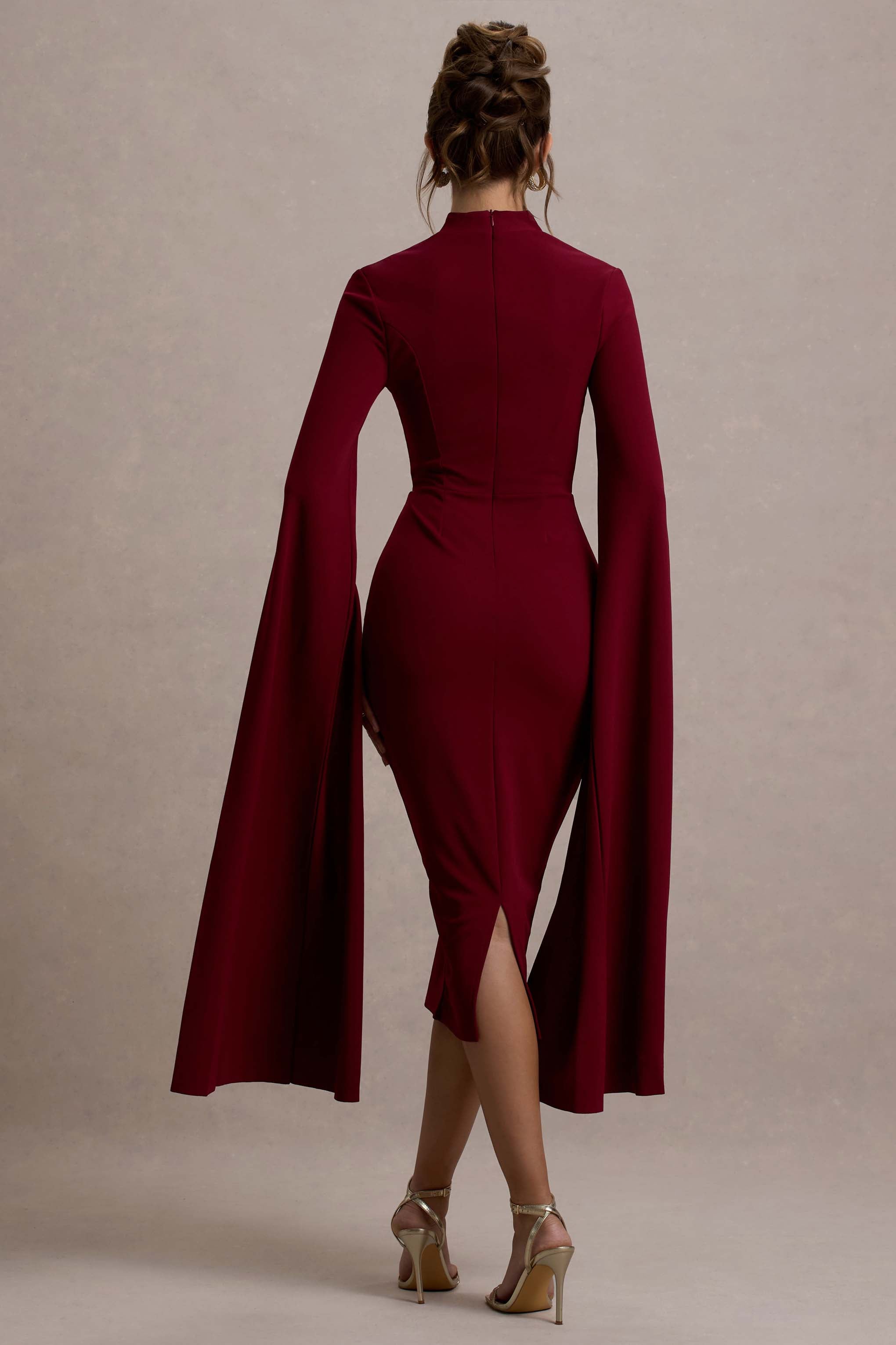 Linden | Berry Bodycon Cape-Sleeve Midi Dress-Sowoom