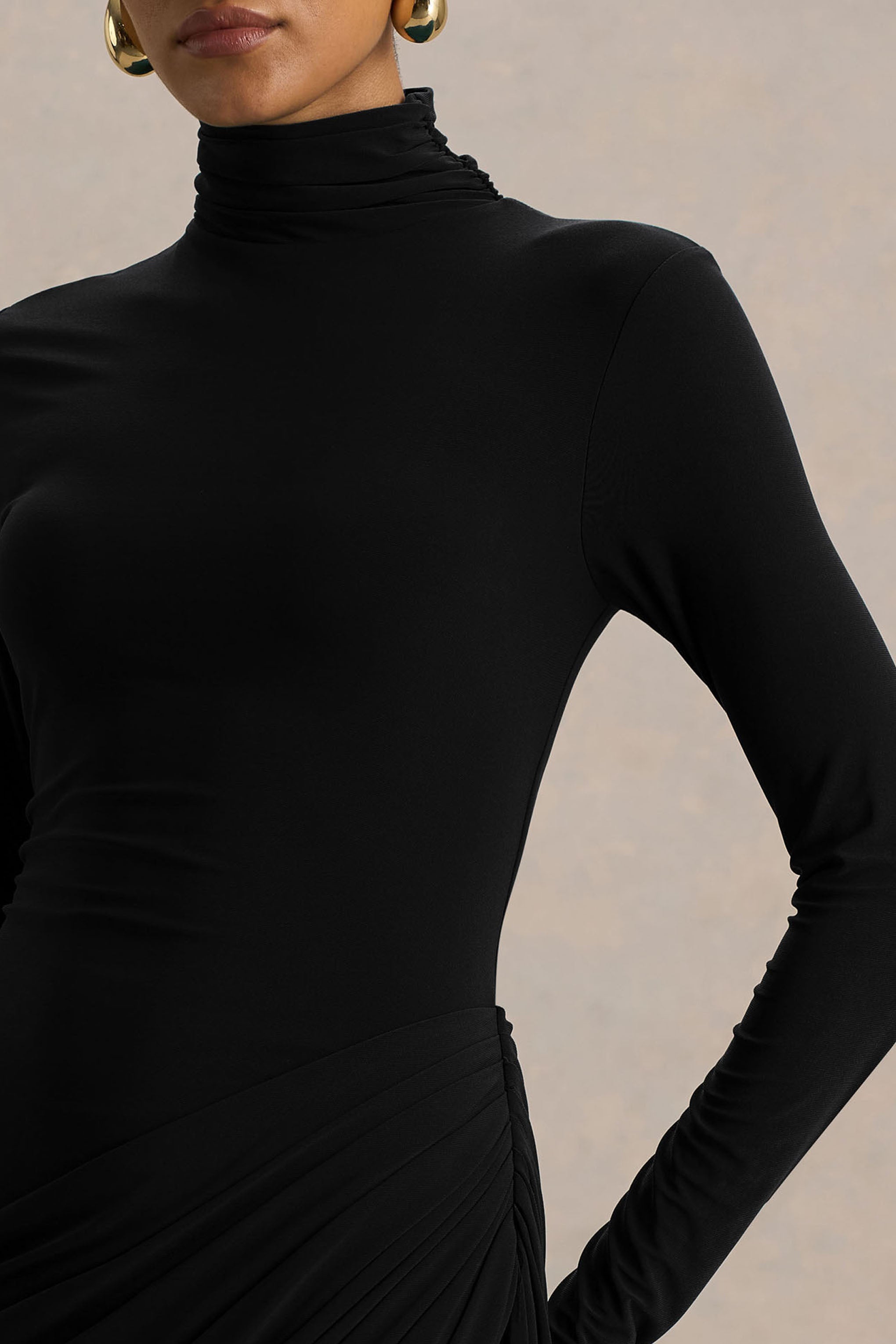 Betsy | Black High-Neck Maxi Dress With Front Split And Ruched Detailing-Sowoom