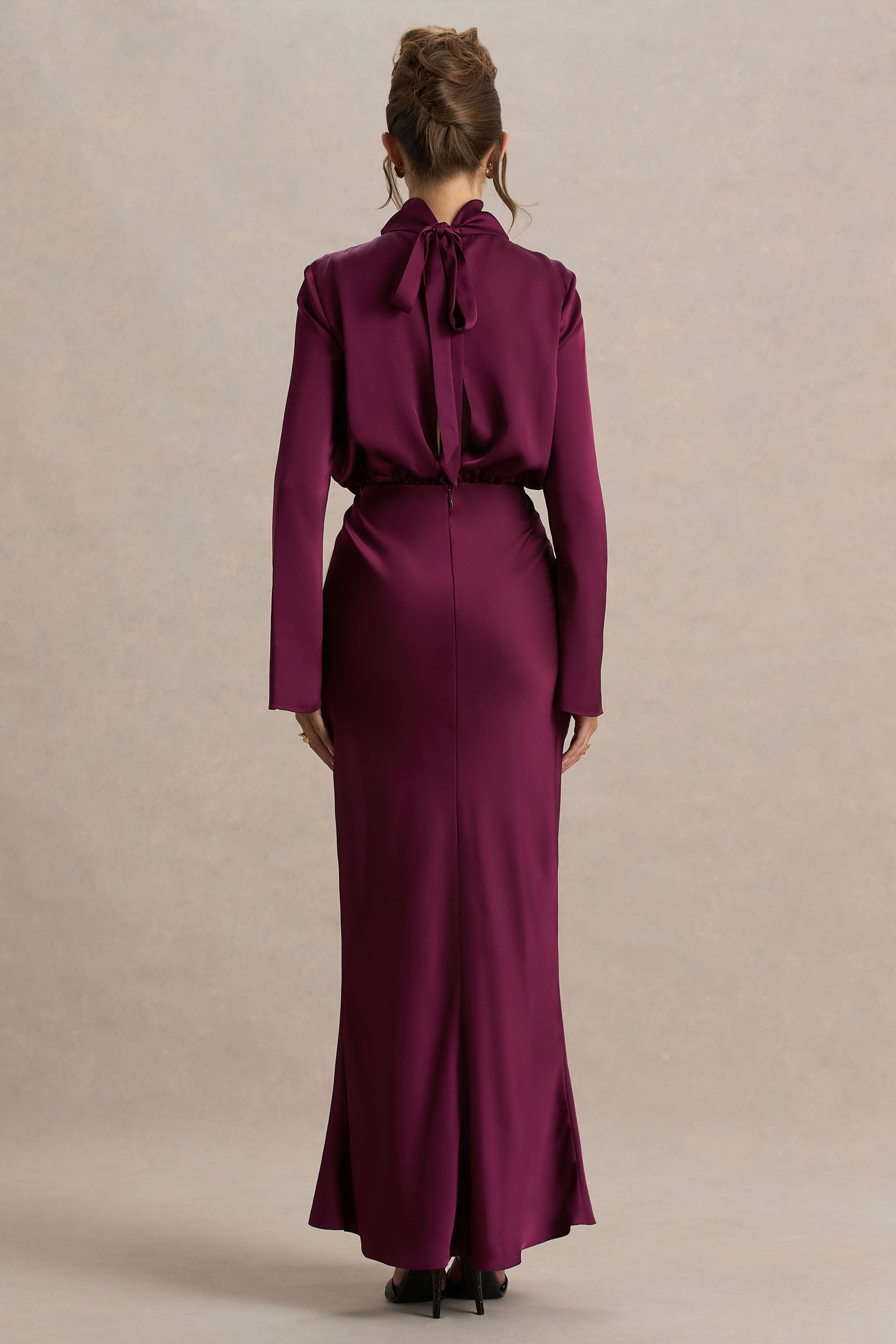 Celina | Burgundy Satin High-Neck Maxi Dress-Sowoom