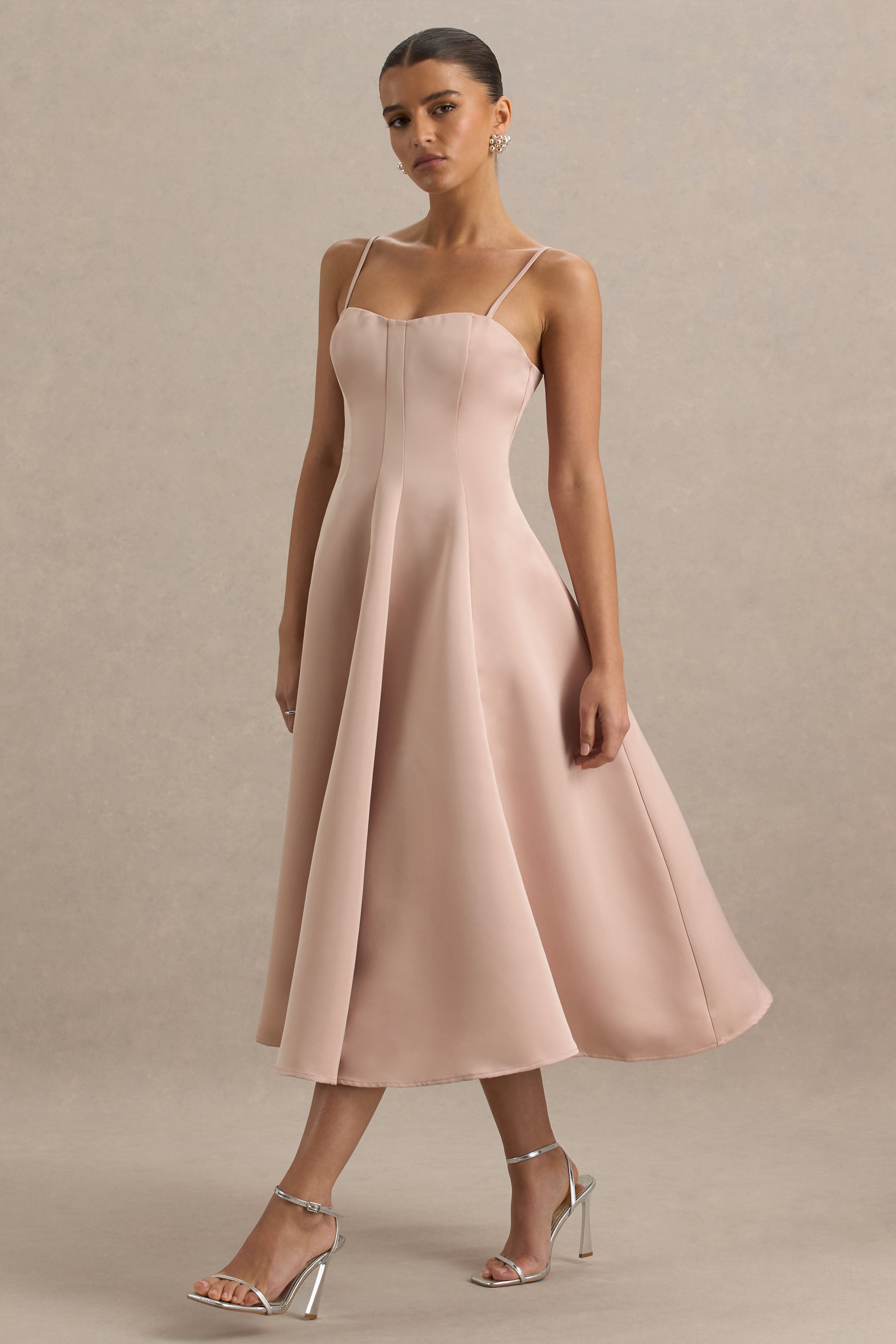 Mally | Rose Pink Satin Sweetheart A-Line Midi Dress-Sowoom