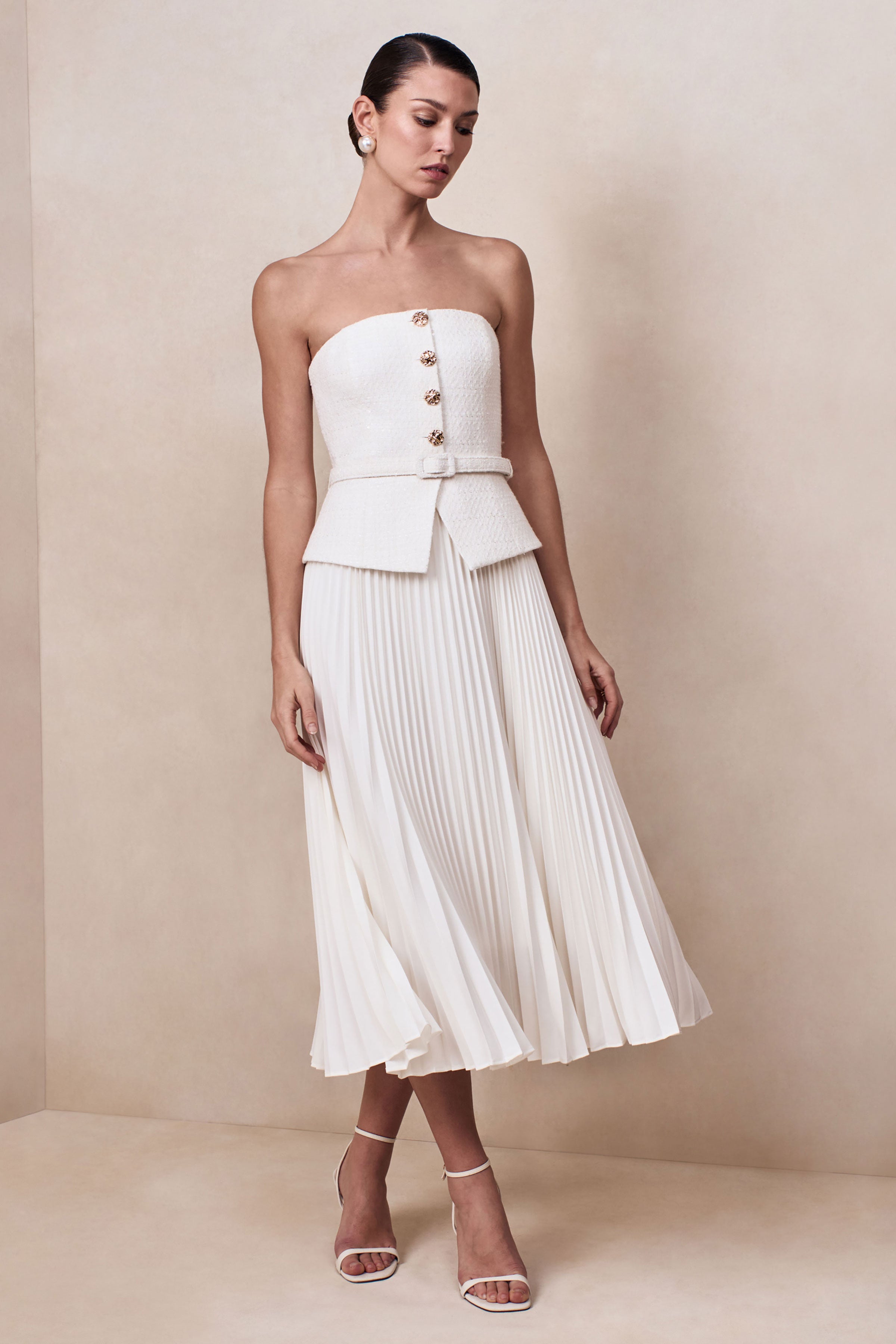 Lizzy | Cream Square-Neck Midi Dress With Pleated-Skirt-Sowoom