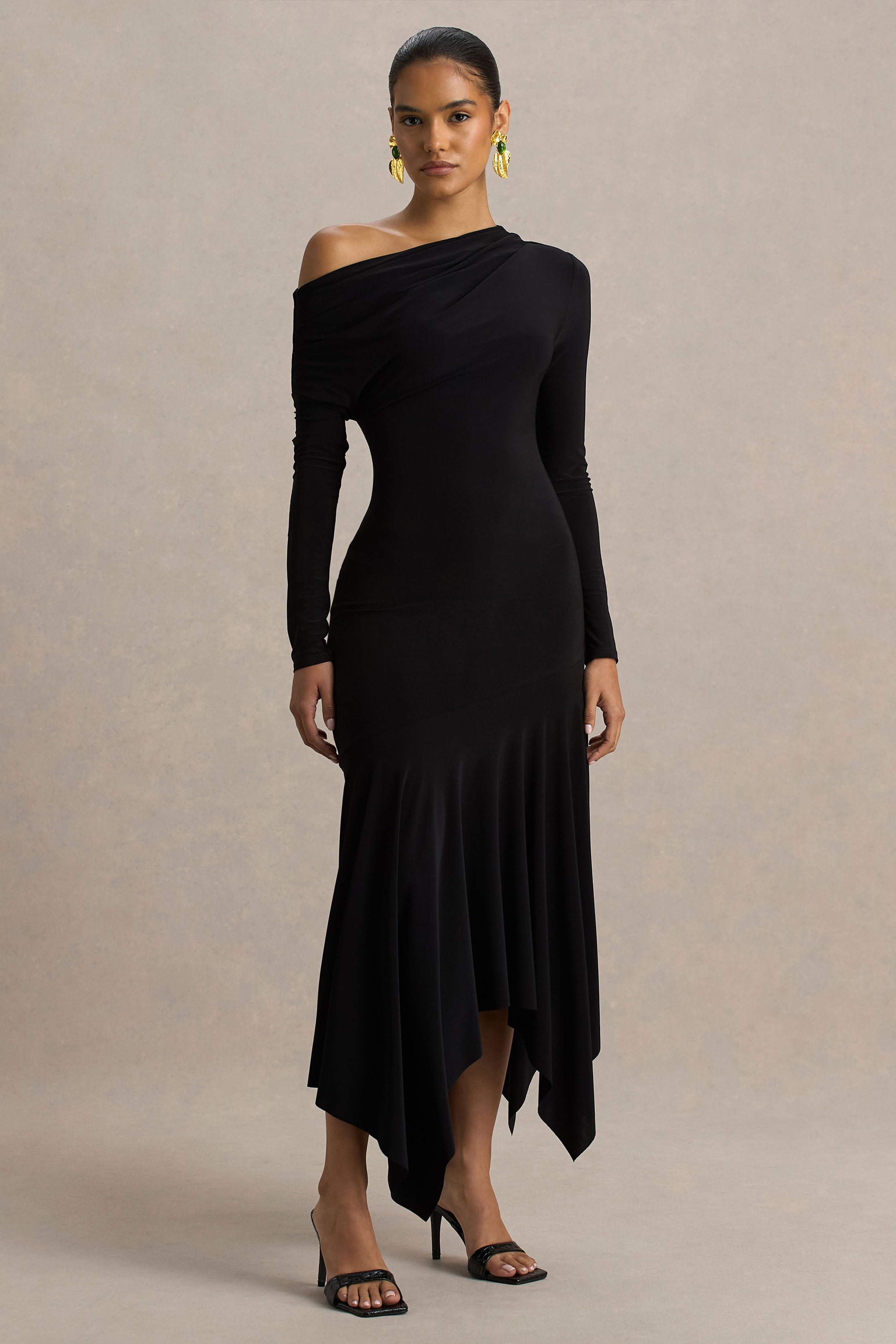 Isola | Black Asymmetric-Neck Midi Dress With Hanky-Hem-Sowoom
