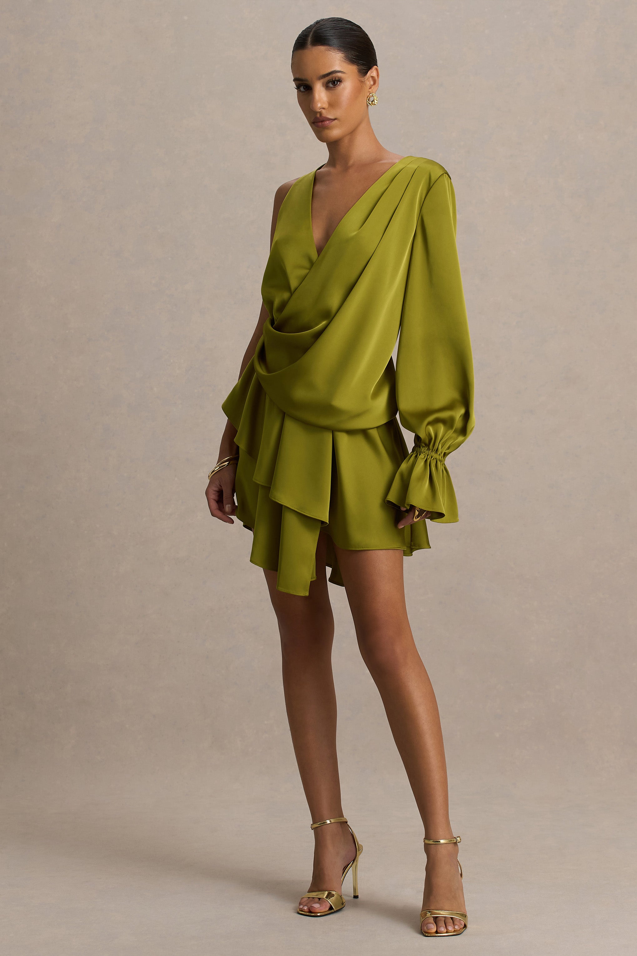 Cara | Olive Satin Plunge-Neck Micro-Mini Dress With Long Sleeve-Sowoom