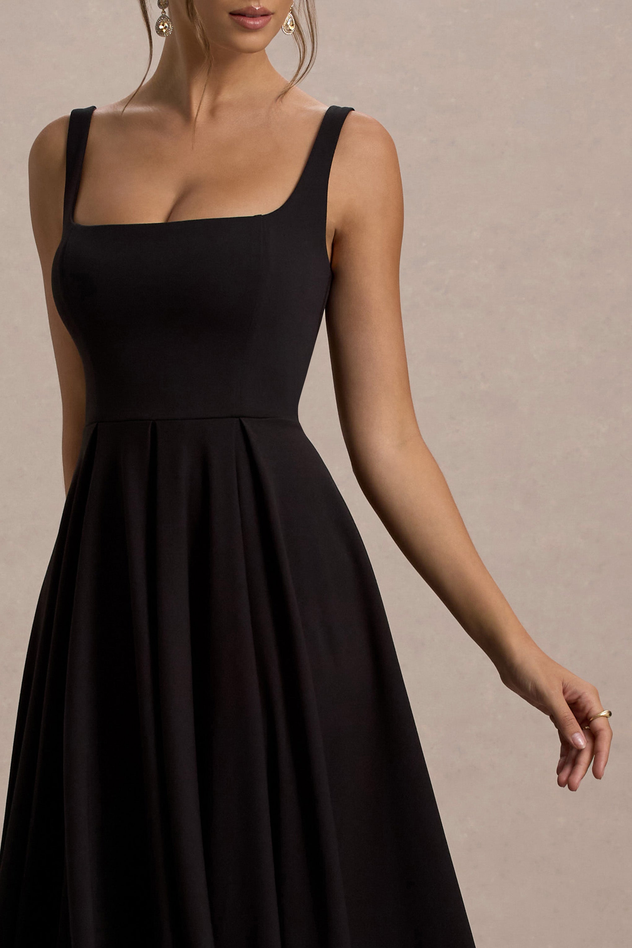 Parina | Black Strappy Volume-Hem Midi Dress-Sowoom