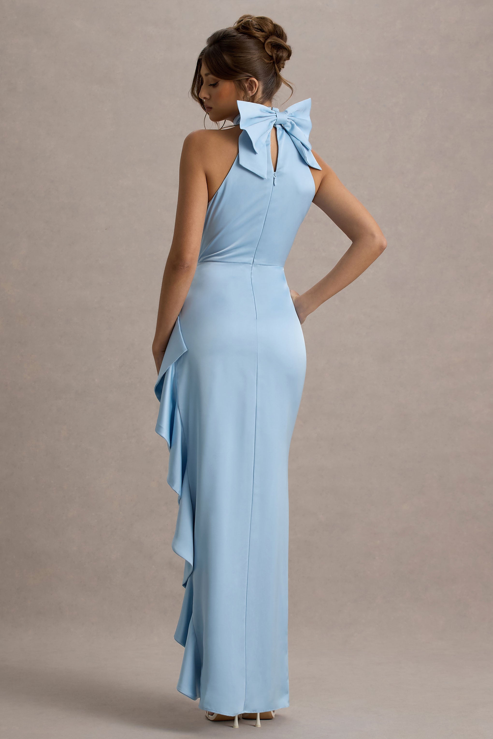 Maureen | Powder Blue Satin High-Neck Draped Maxi Dress-Sowoom
