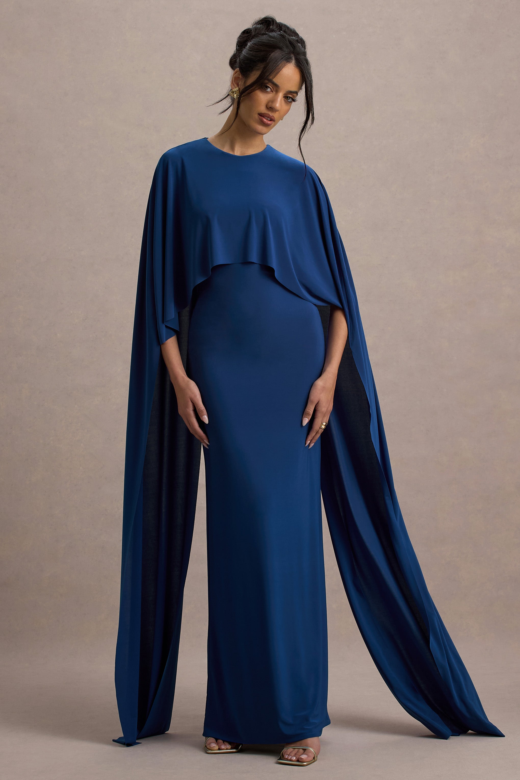 Padma | Blue Draped Maxi Dress With Cape Sleeves-Sowoom