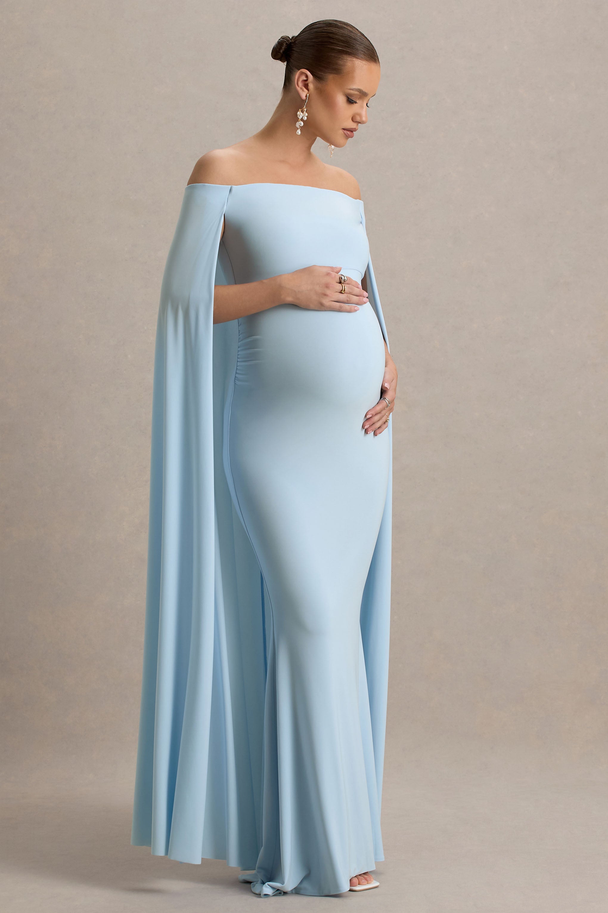 Radiance | Powder Blue Bardot Maternity Maxi Dress With Cape-Sowoom