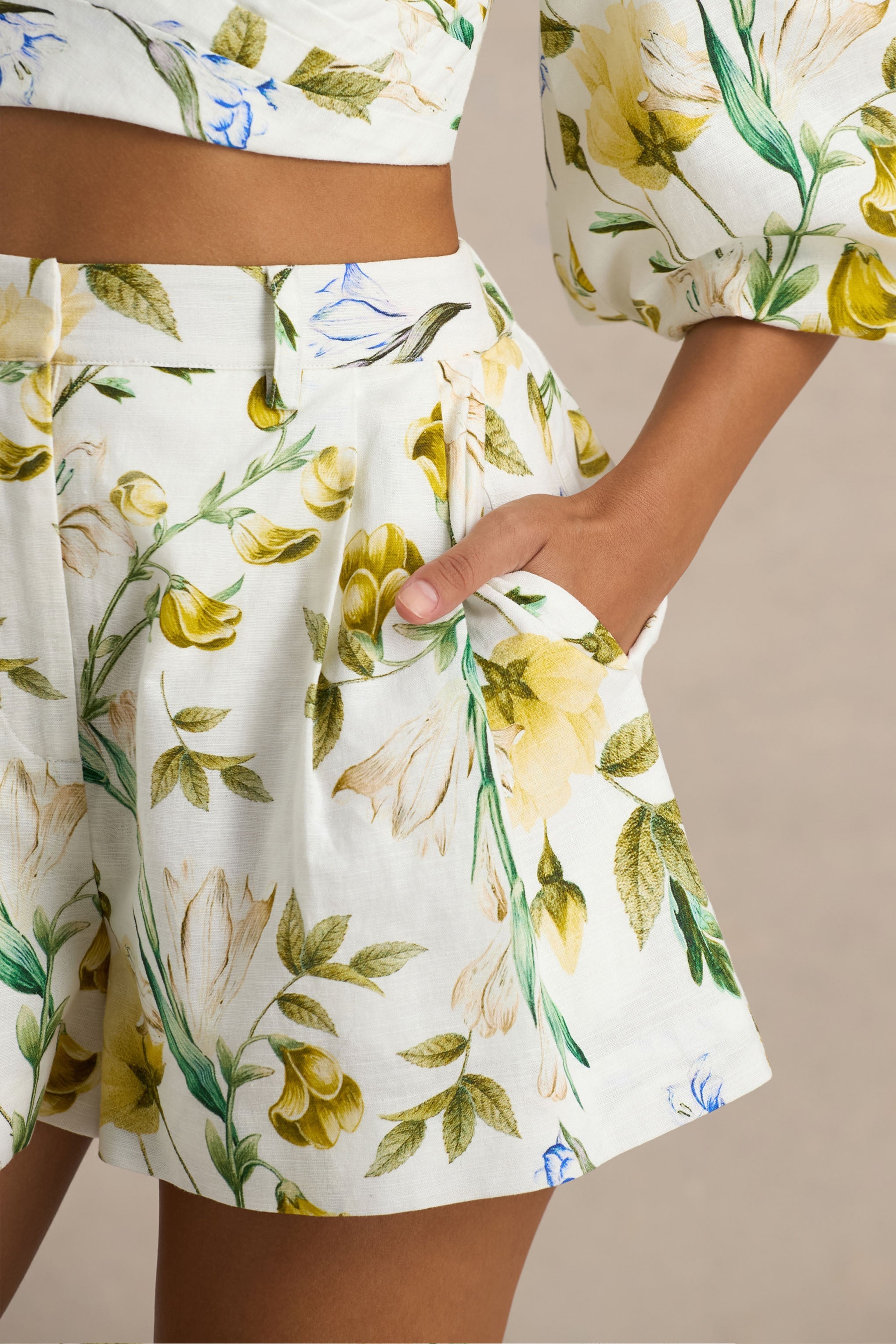 Pixel | White Botanical Print Shorts-Sowoom