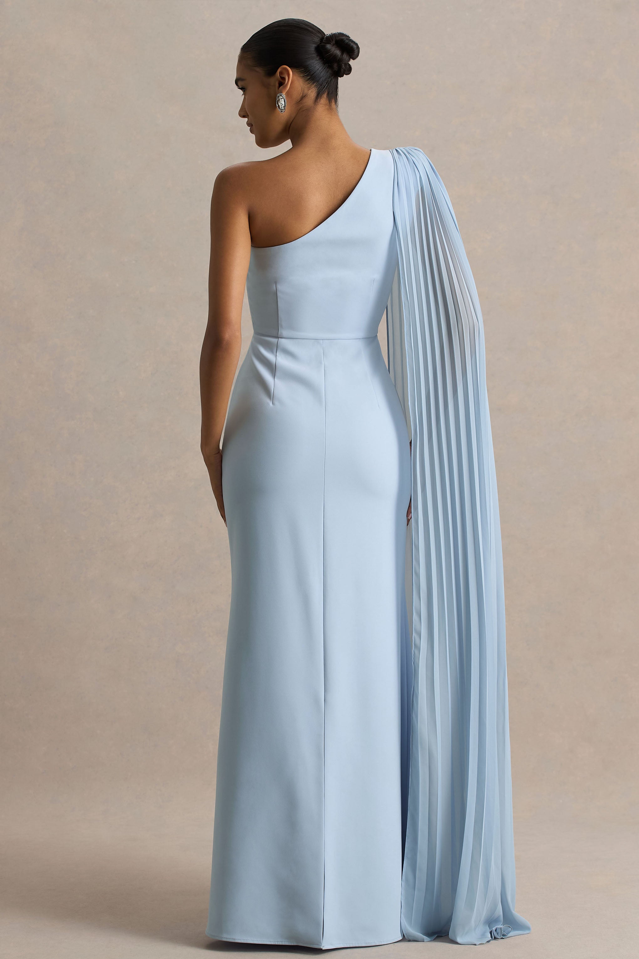 Athens | Powder Blue Asymmetric-Neck Maxi Dress With Cape Sleeve Detail-Sowoom
