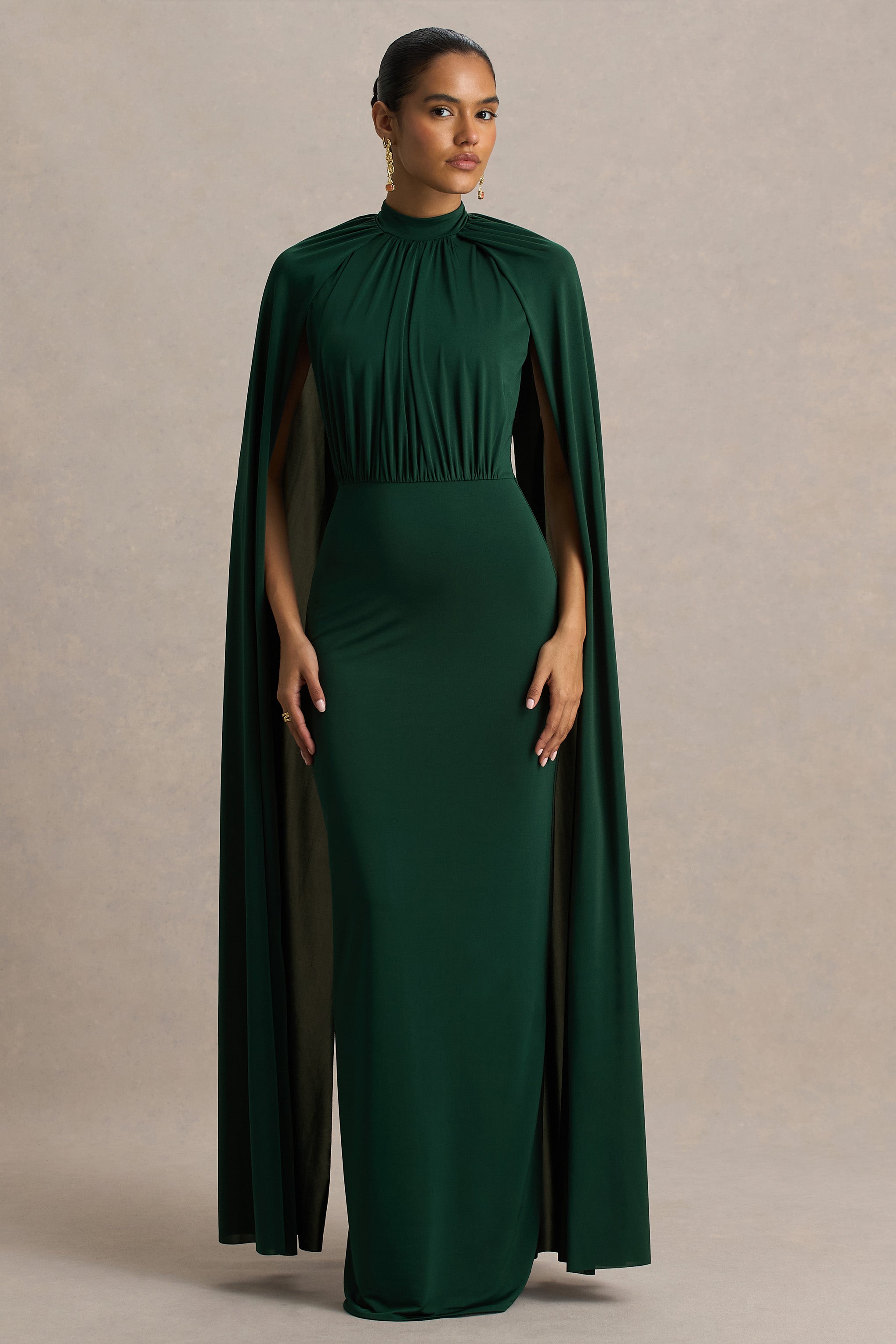 Darielle | Bottle Green High-Neck Cape-Sleeve Maxi Dress-Sowoom