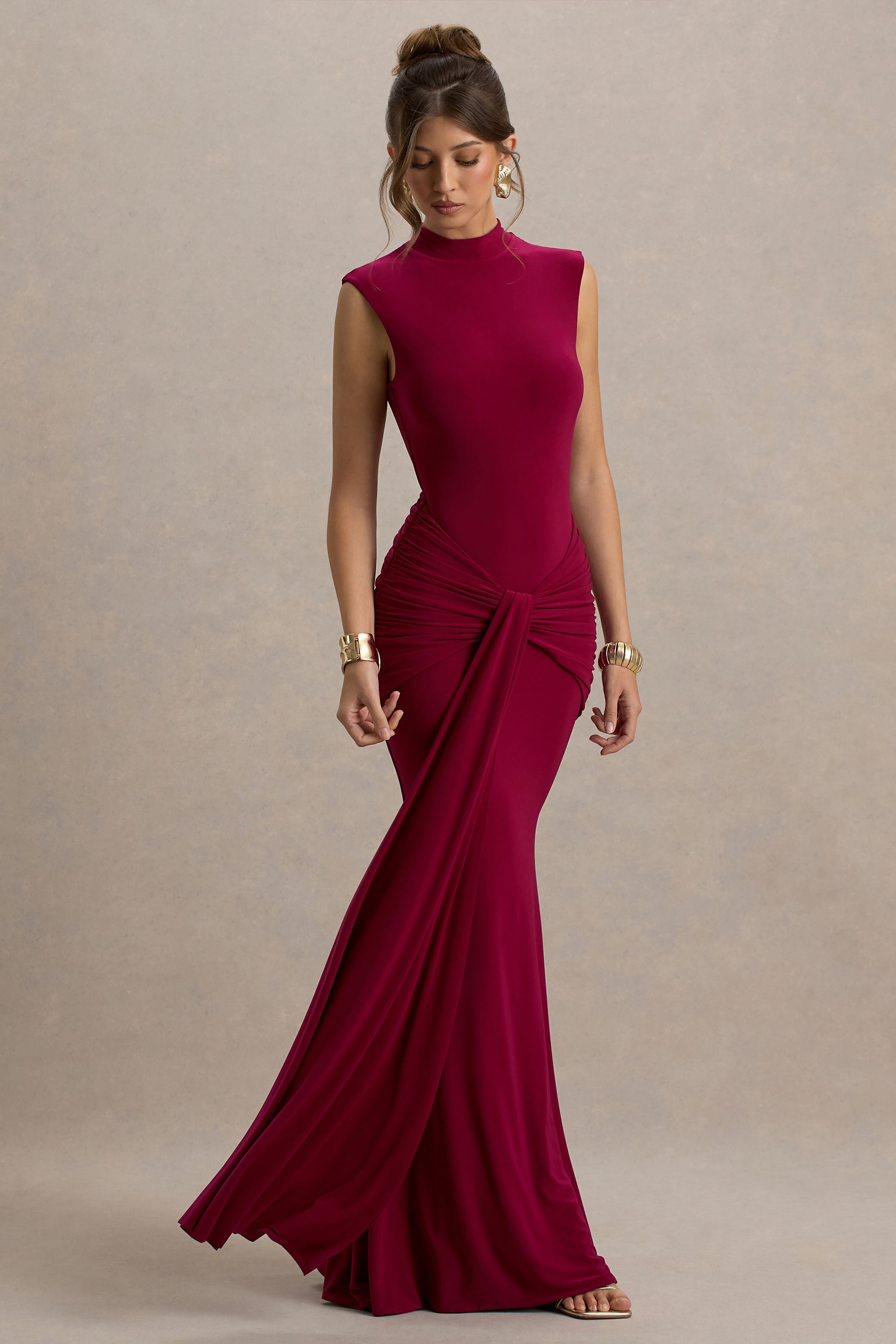 Graziana | Burgundy High-Neck Gathered Draped Maxi Dress-Sowoom