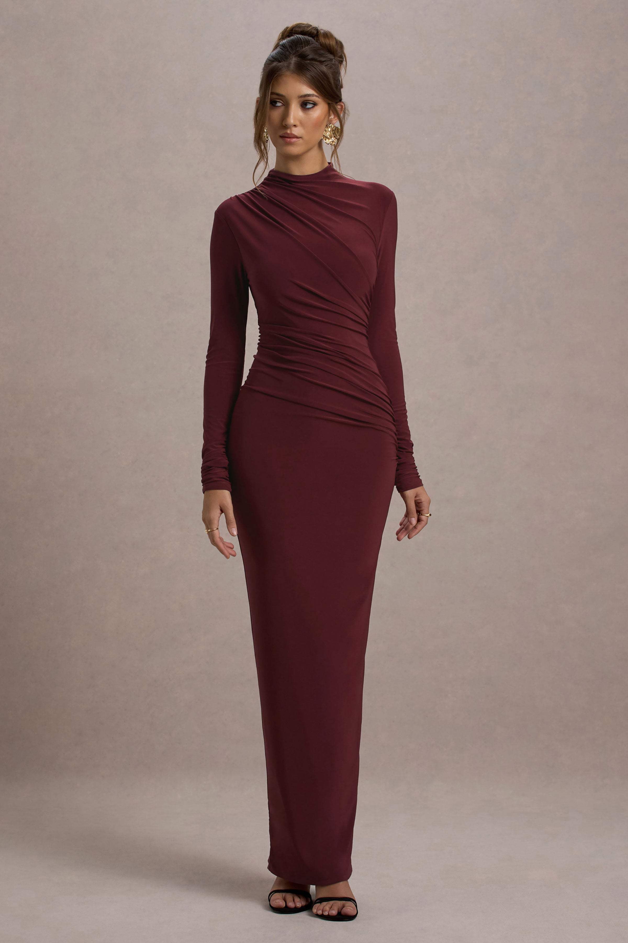 Hespera | Port High-Neck Long-Sleeve Gathered Maxi Dress-Sowoom