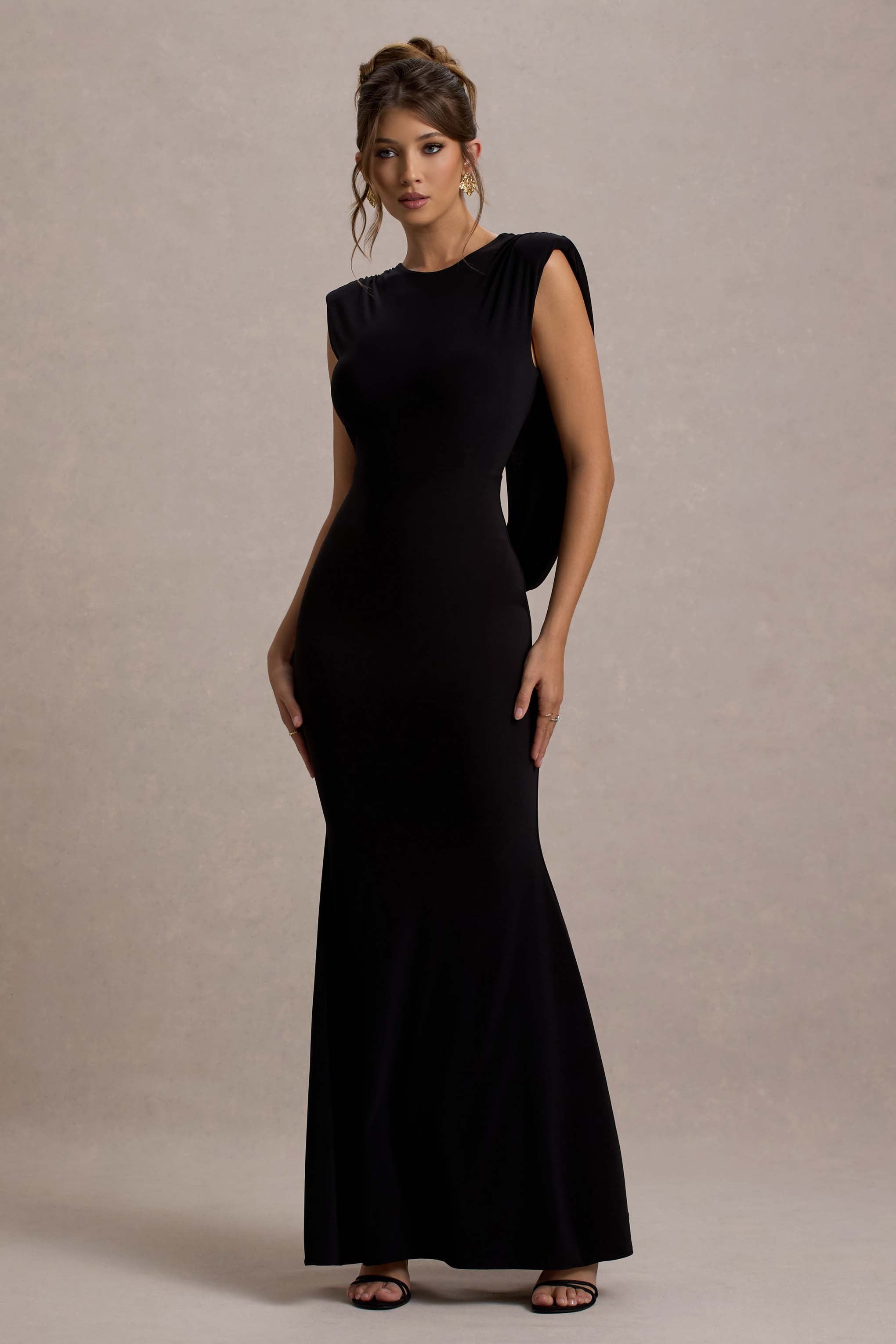 To The Moon | Black Cowl-Back Maxi Dress-Sowoom