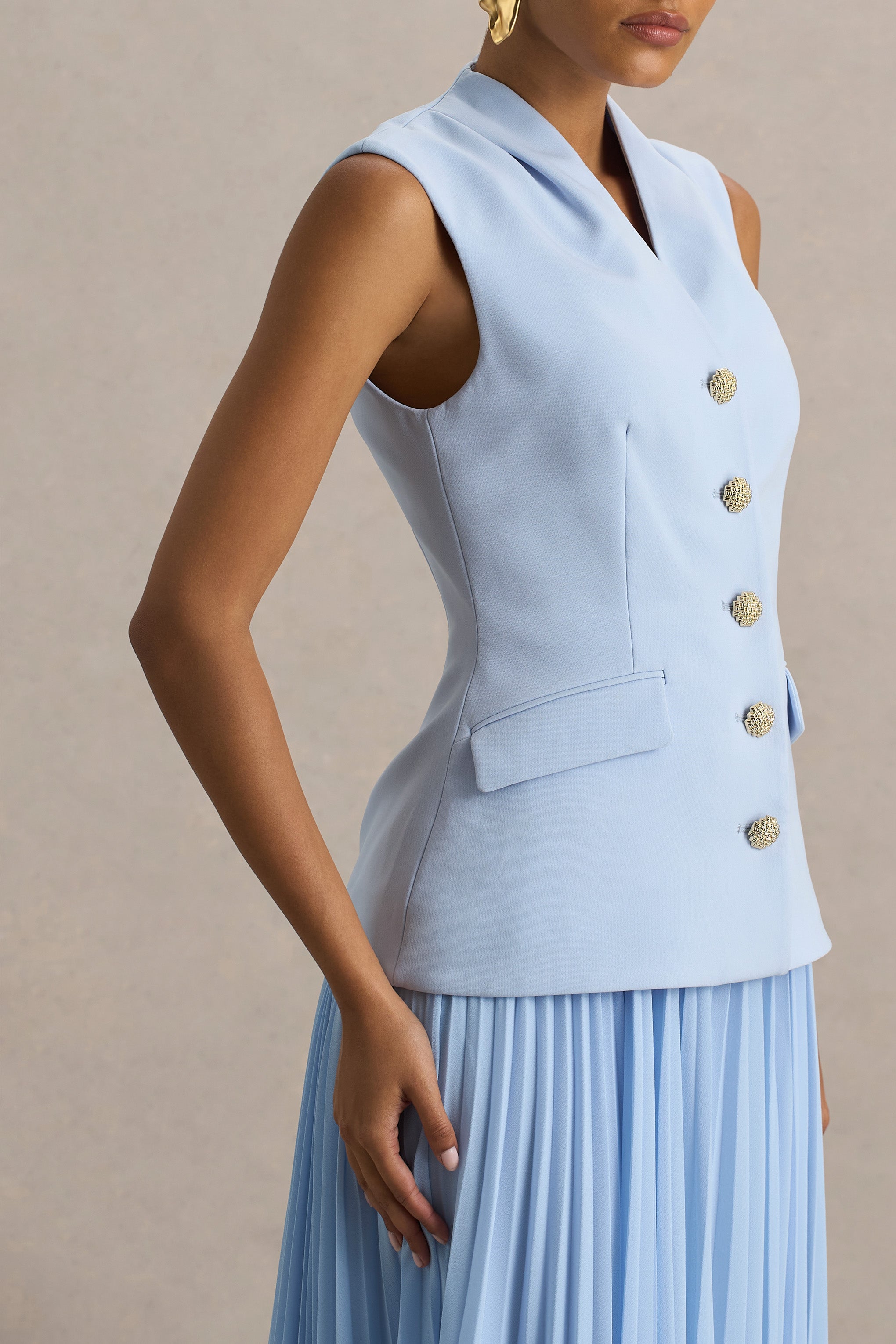 Heavenly | Powder Blue High Neck Maxi Dress With Pleated Detailing-Sowoom