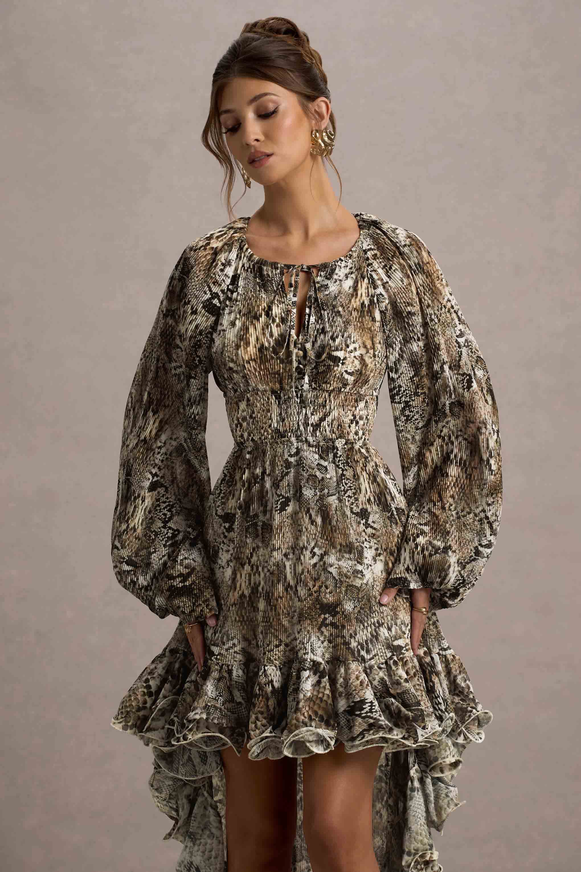 Namir | Snake Print High-Low Chiffon Maxi Dress-Sowoom