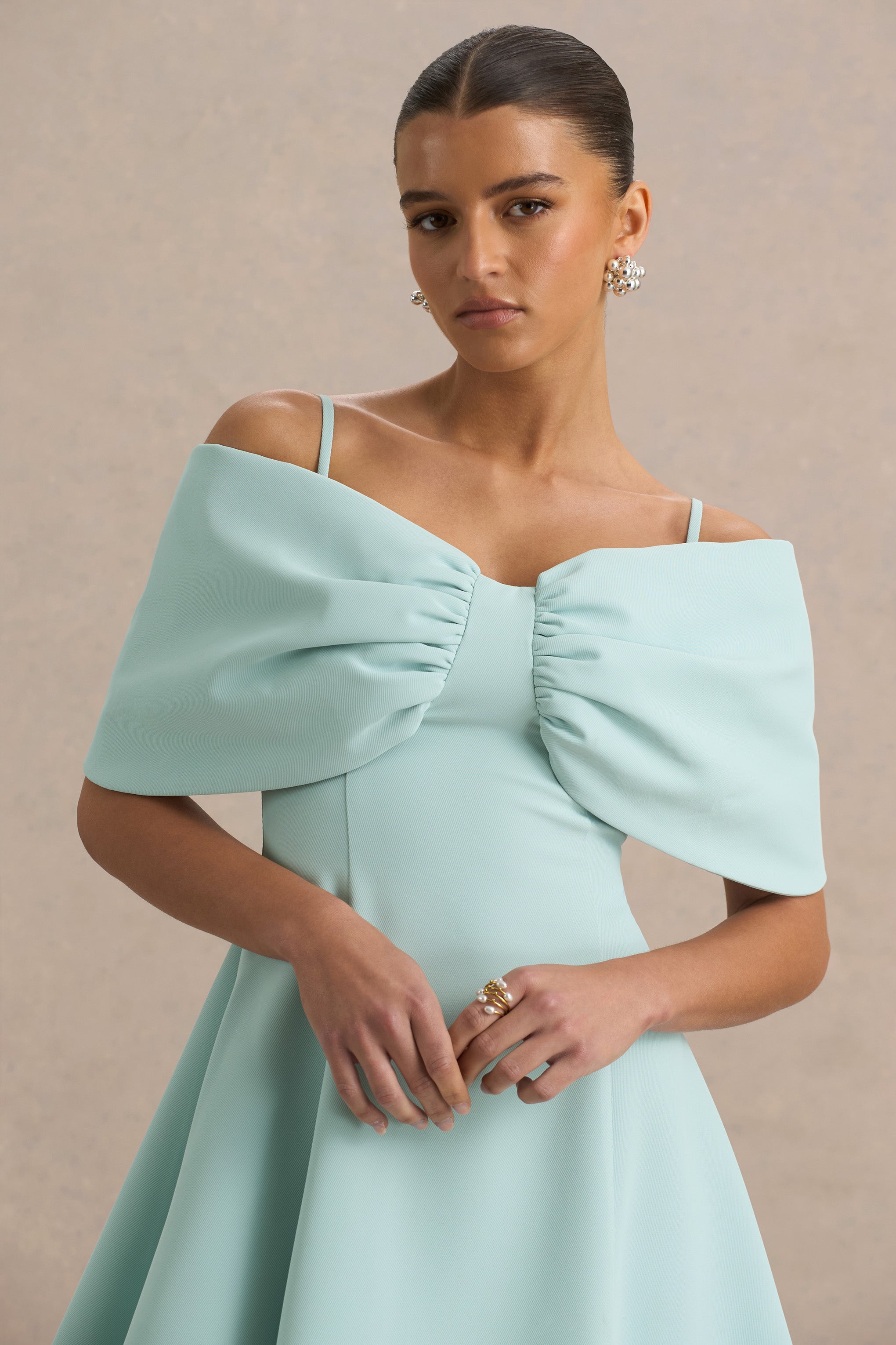 Faria | Light Blue Short-Sleeve Bardot Mini Dress With Bow Detail-Sowoom