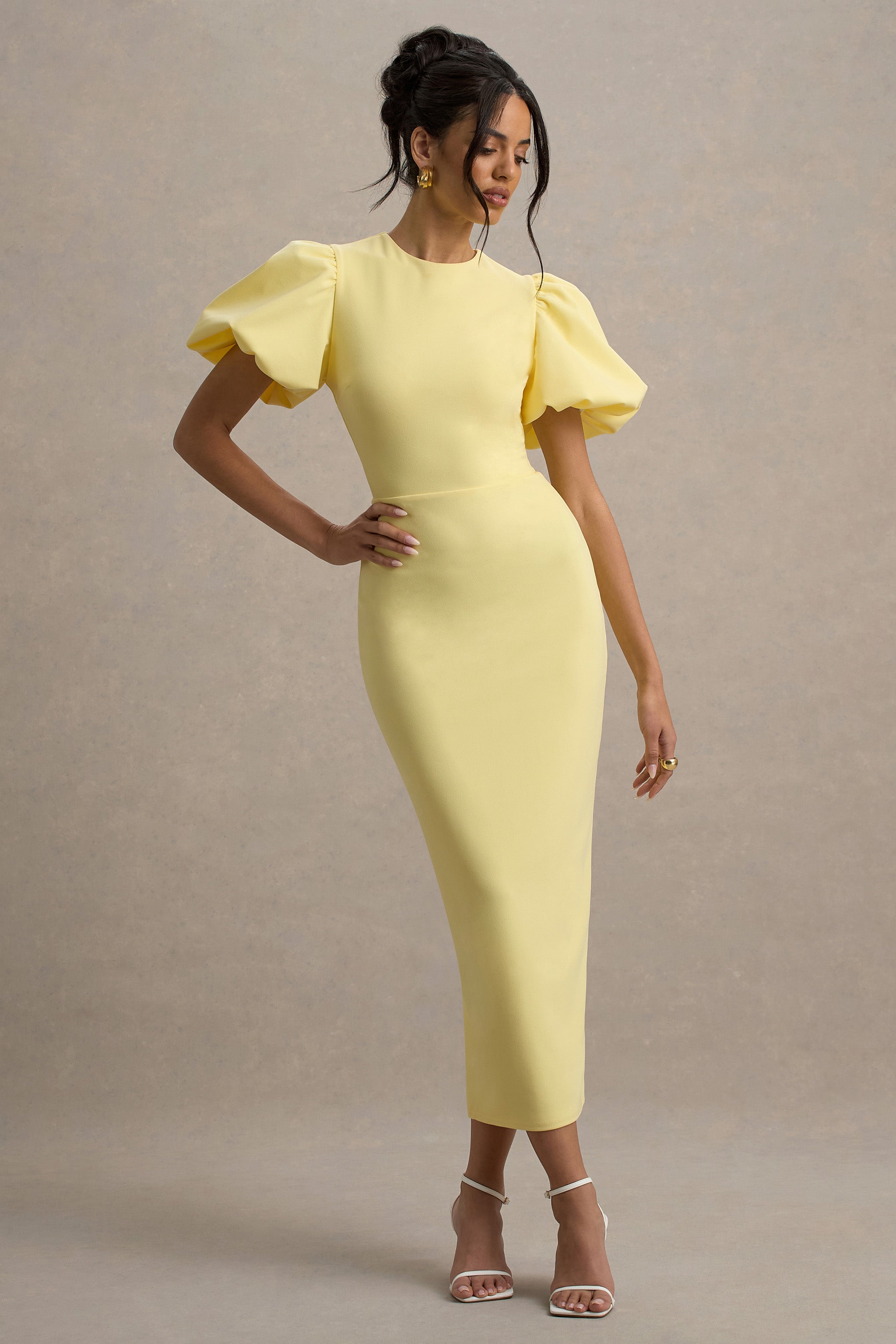 Dakota | Lemon Puff-Sleeve Midi Dress-Sowoom