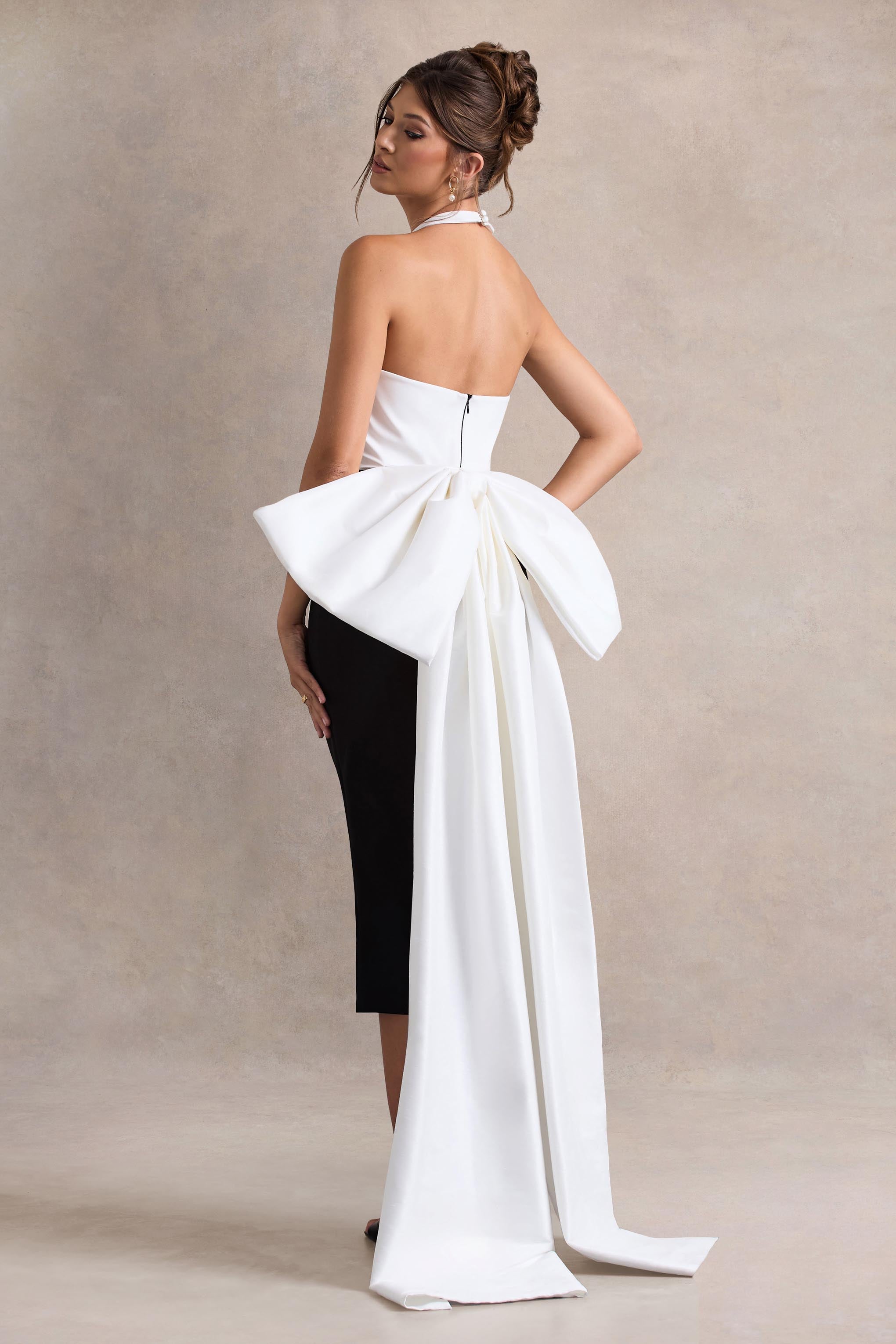 Blanca | Black & White Halter-Neck Cut-Out Midi Dress With Oversized Bow-Sowoom