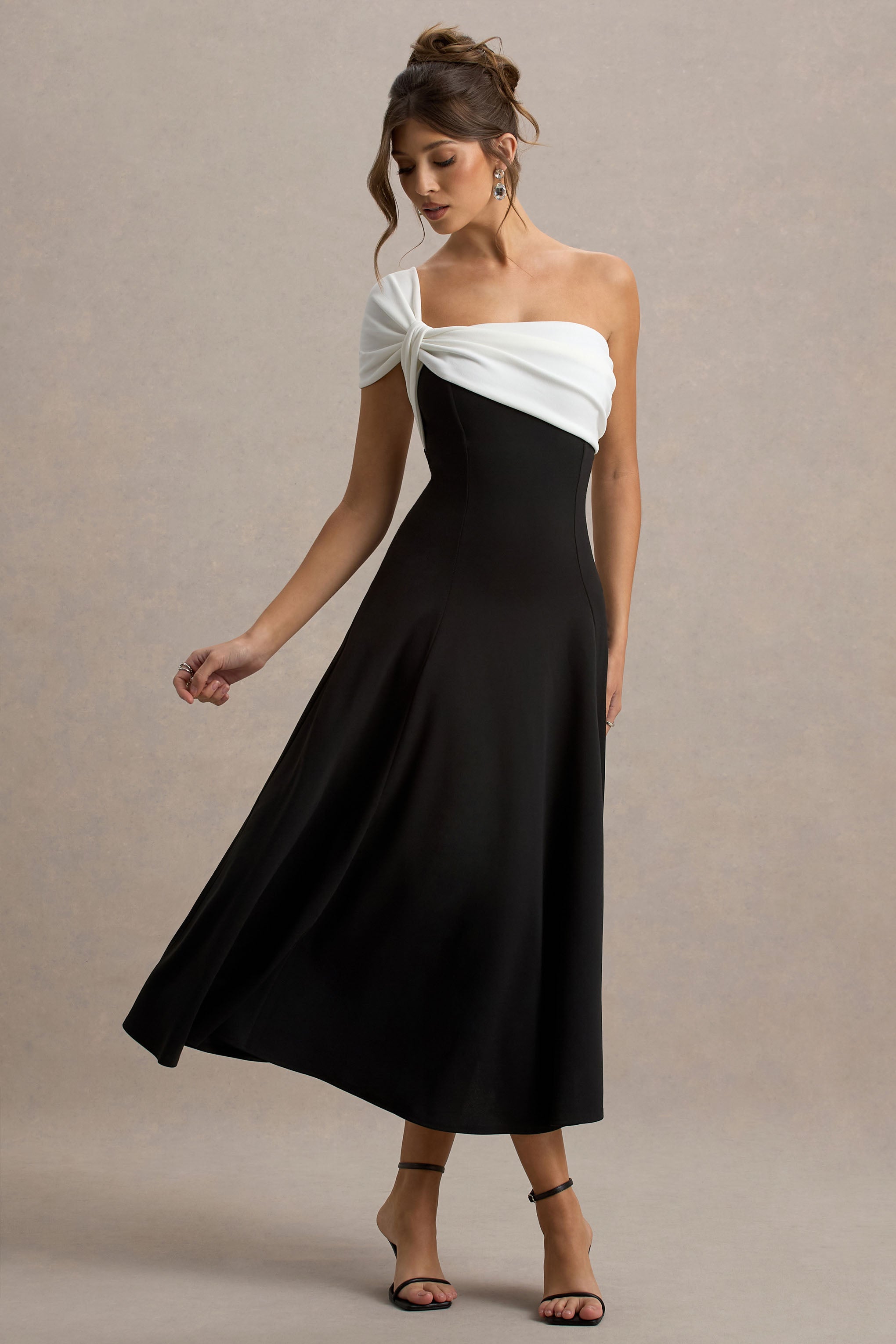 Malta | Black & White One-Shoulder Midi Dress-Sowoom