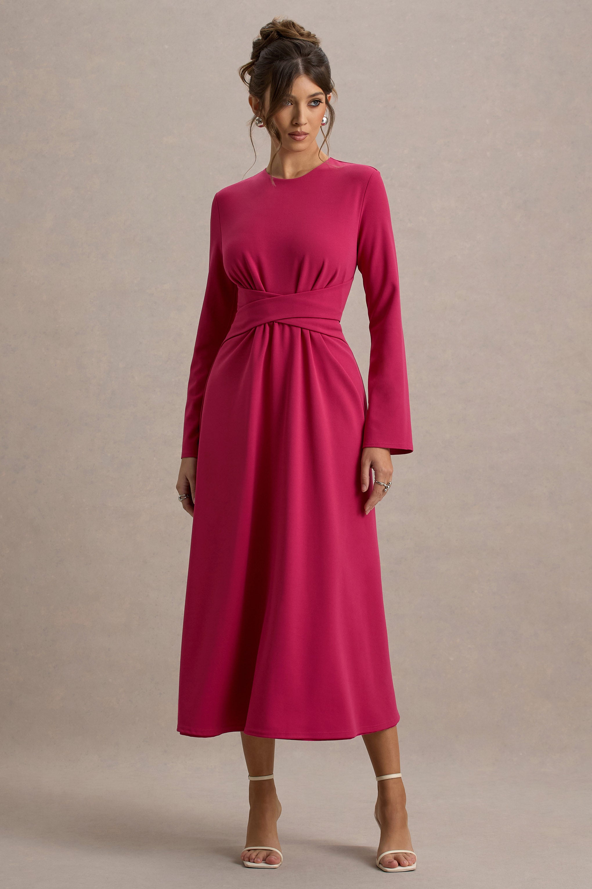 Cassiopeia | Lemon Long-Sleeve Midi Dress With Cross Waist-Sowoom