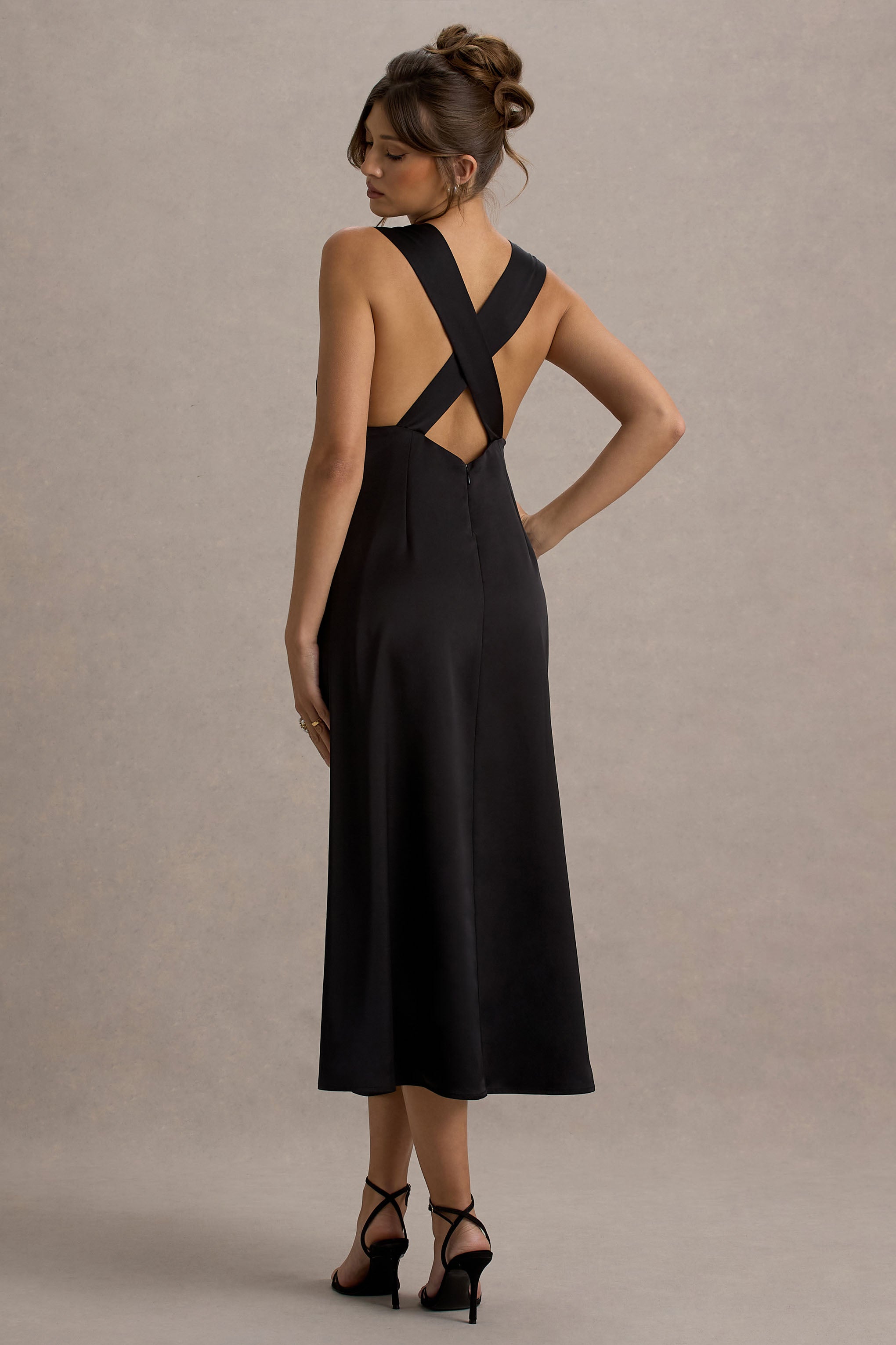 Beck | Black Satin Plunge-Neck Cross-Back Midi Dress-Sowoom