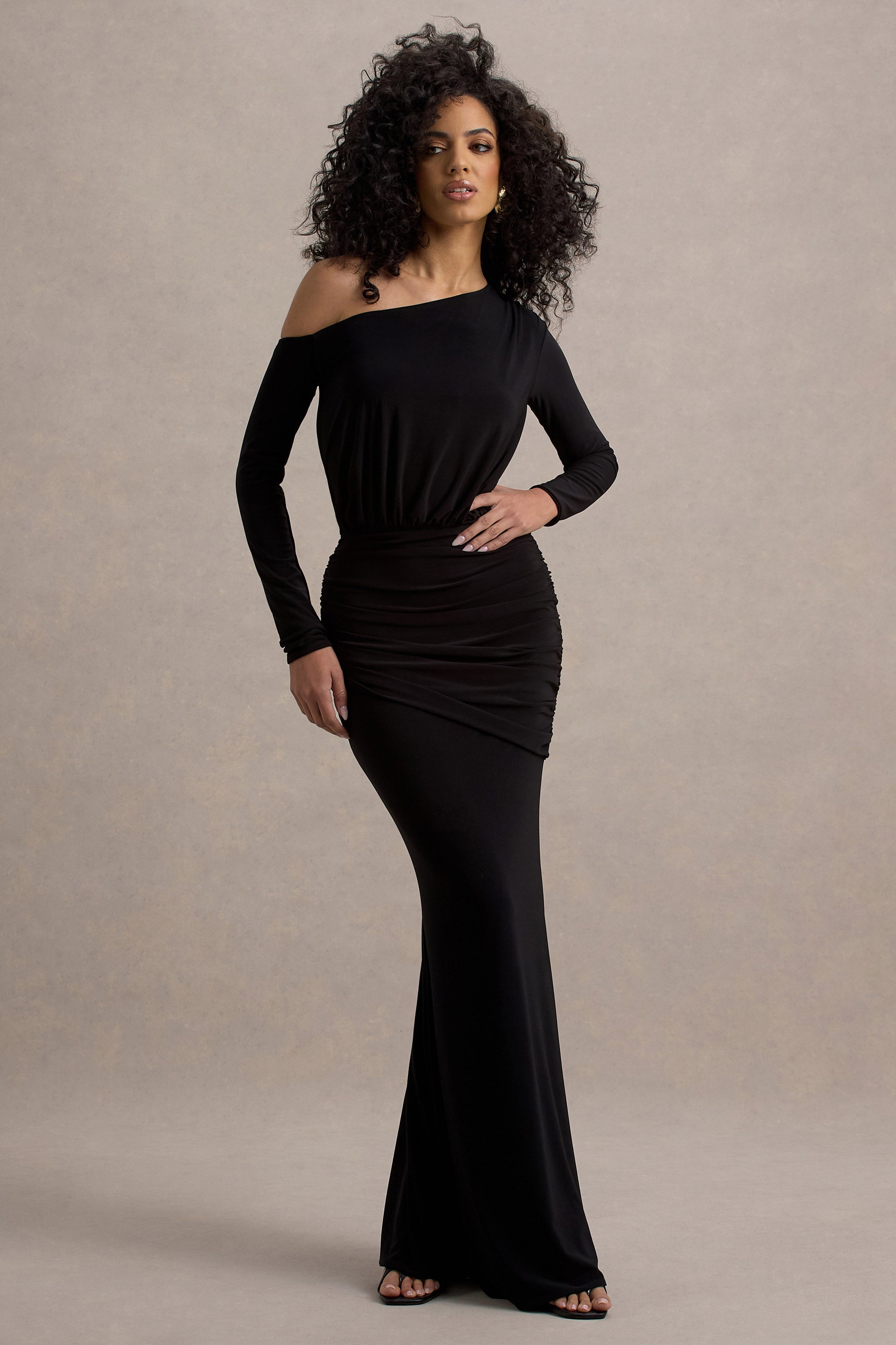 Deanna | Black Asymmetric Long-Sleeve Ruched Maxi Dress-Sowoom