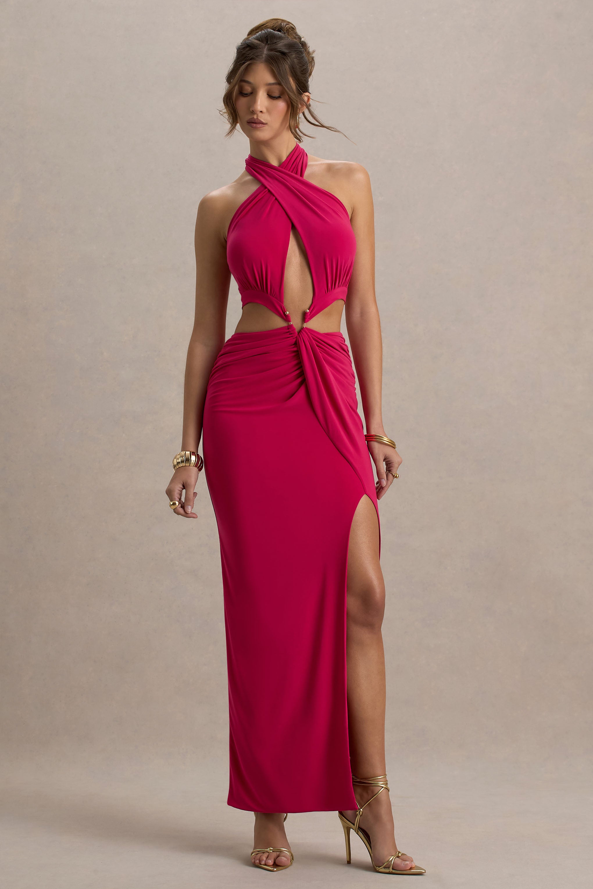Aura | Hot Pink Halter-Neck Cut-Out Split Maxi Dress-Sowoom