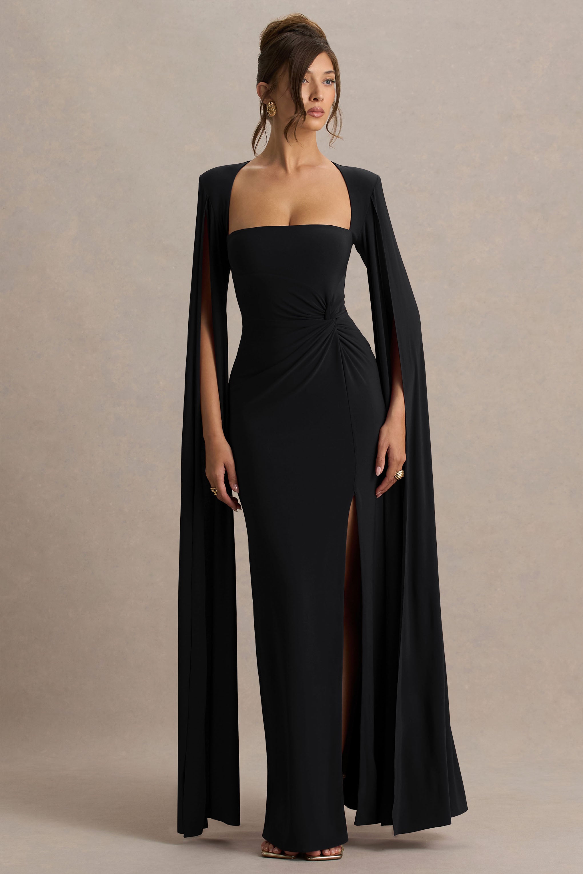 Claretta | Black Square Neck Twisted Maxi Dress With Cape Sleeves-Sowoom
