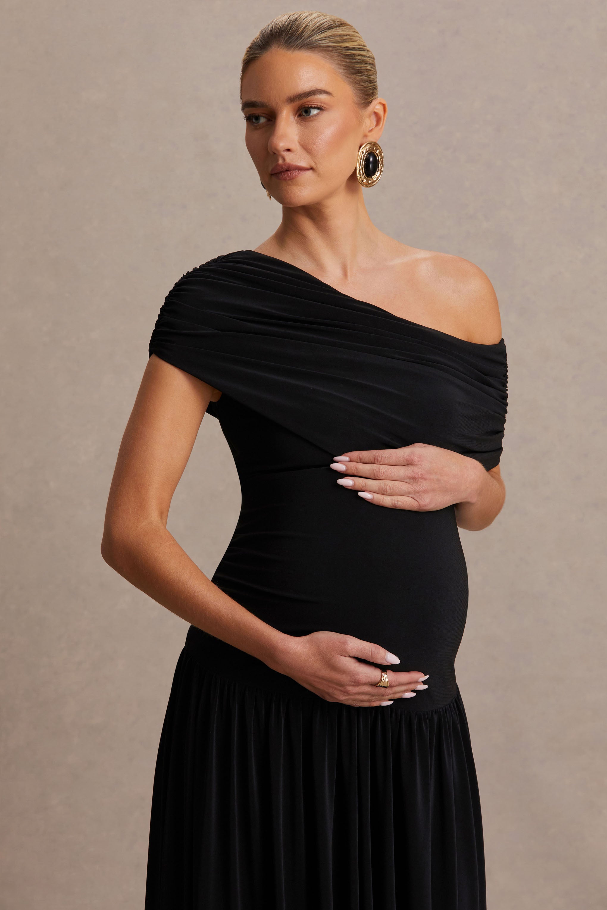 Noah | Black Asymmetric-Neck Maternity Maxi Dress With Drop-Waist-Sowoom