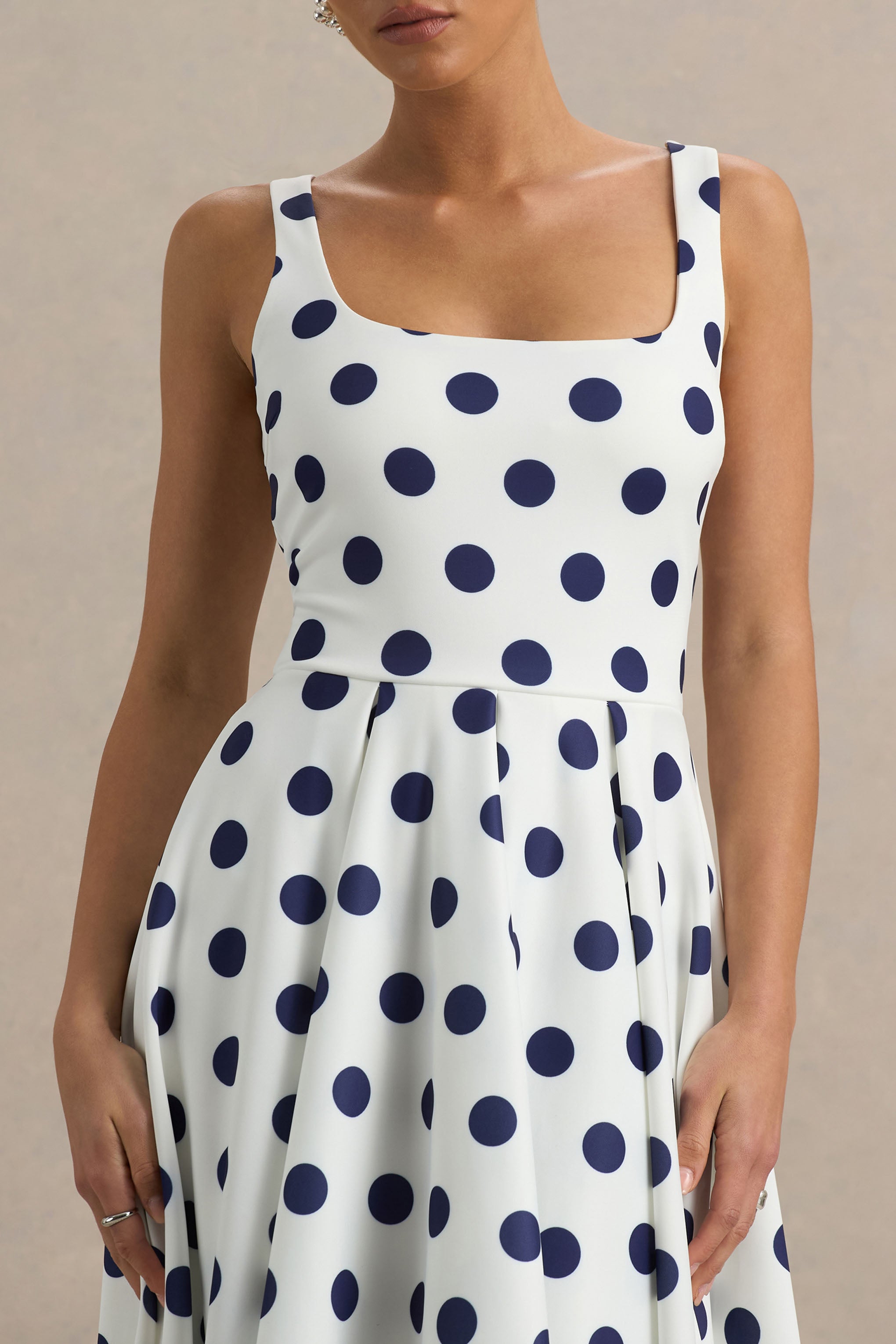 Berta | White And Navy Polka-Dot Square-Neck Midi Dress-Sowoom