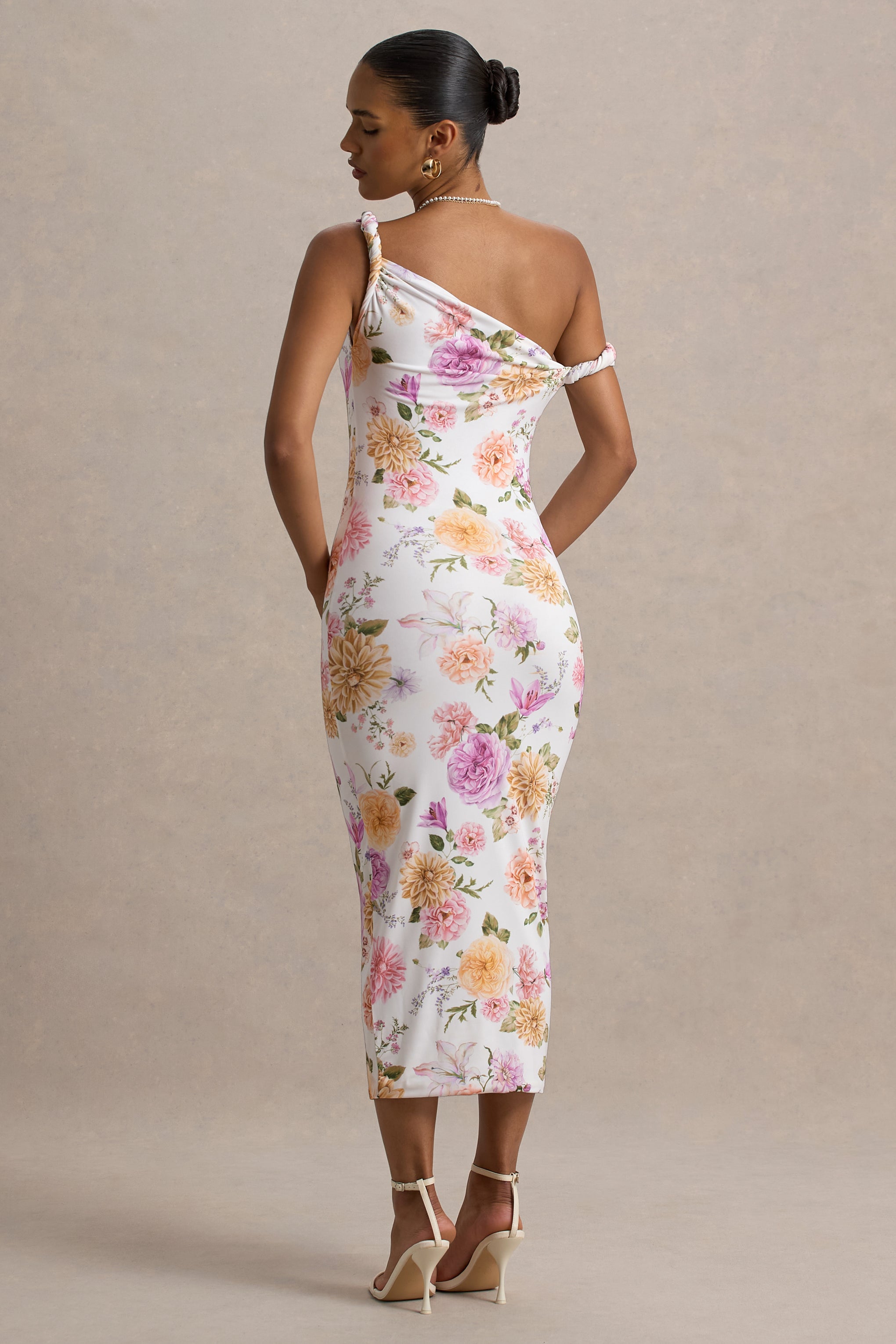 Nora | Peach And Lilac Floral Twisted Asymmetric Midi Dress-Sowoom