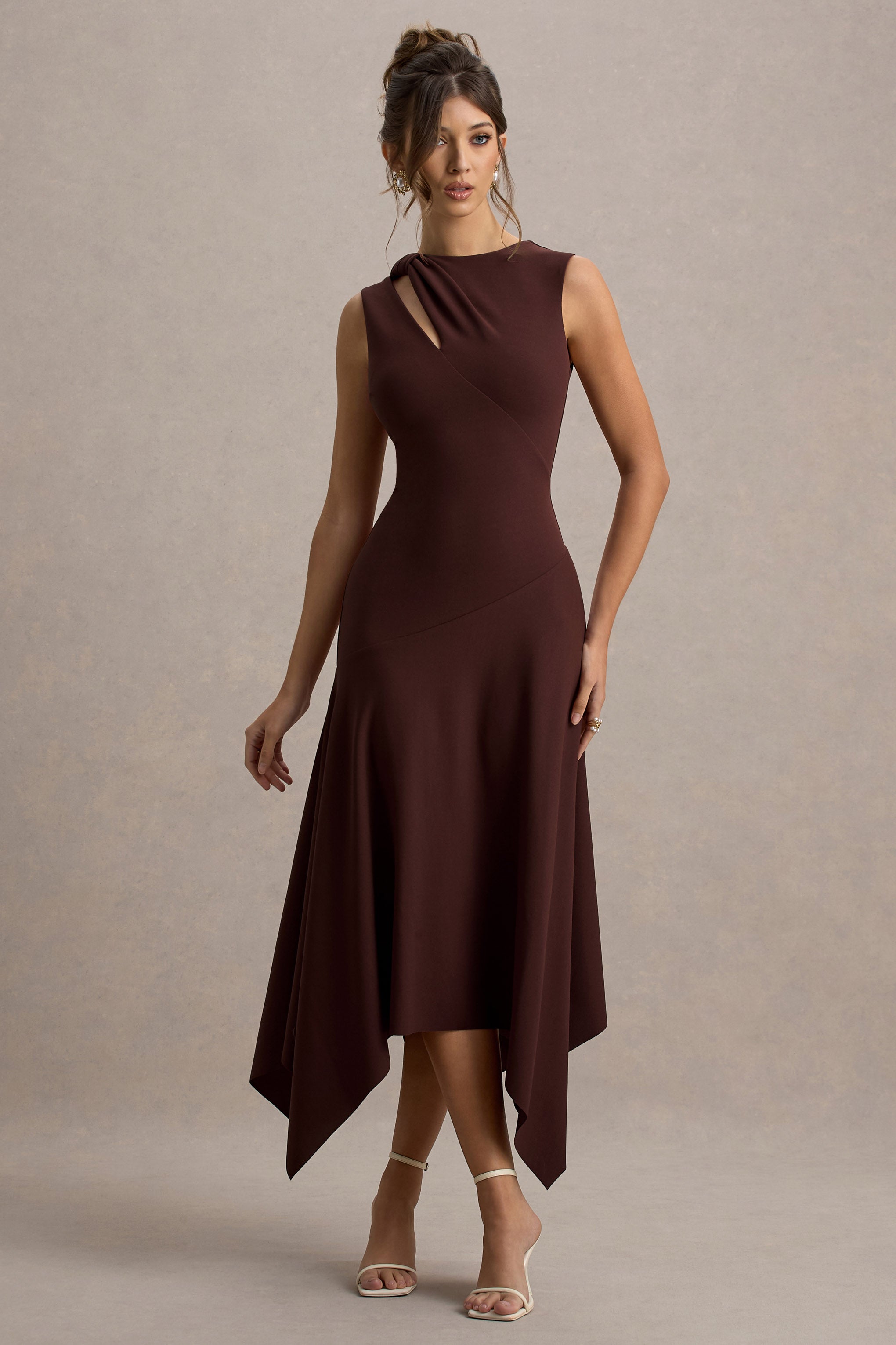 Francesca | Brown Knotted Midi Dress With Handkerchief Hem-Sowoom