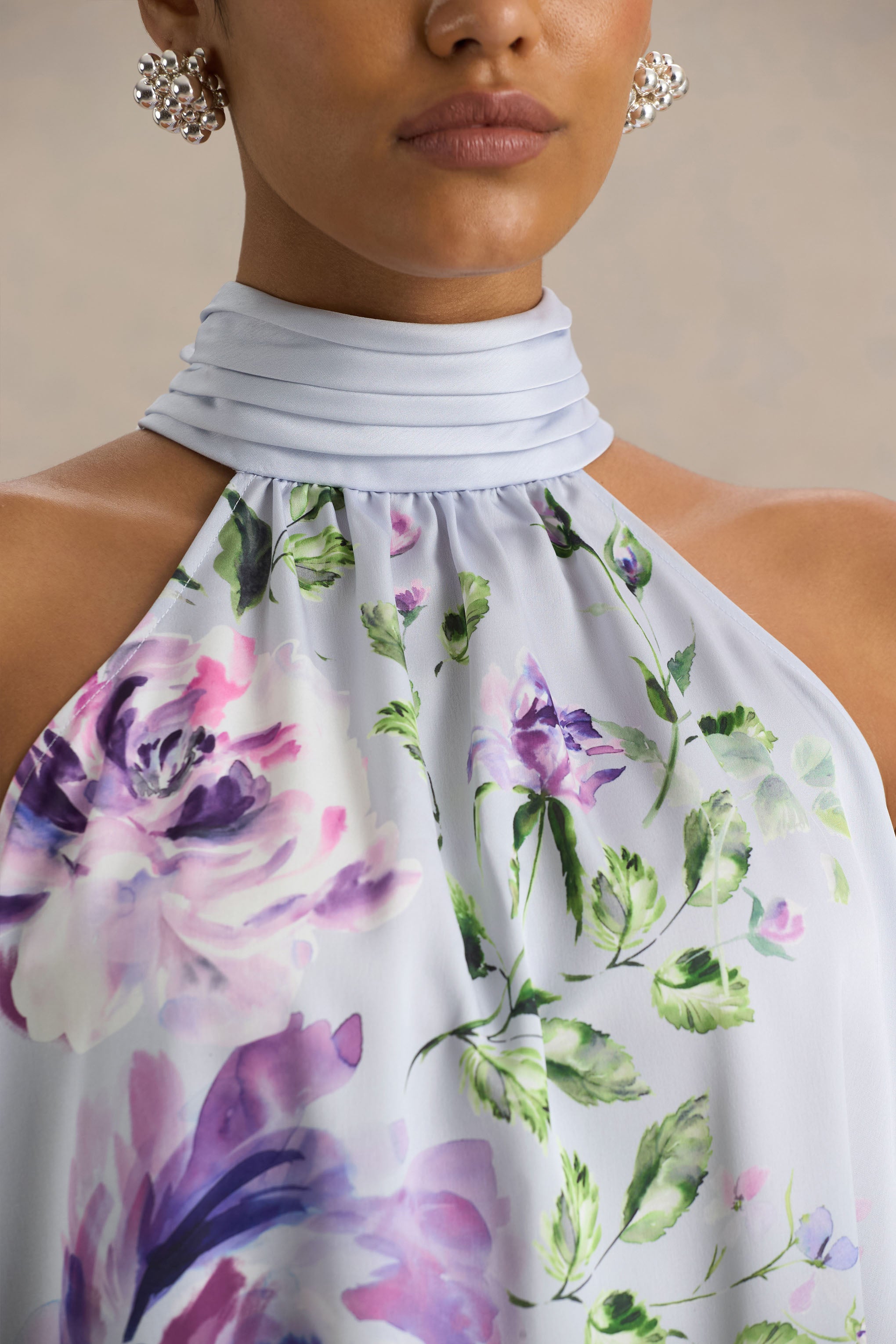 Evita | Powder Blue Rose Print High-Neck A-Line Mini Dress With Bow-Sowoom