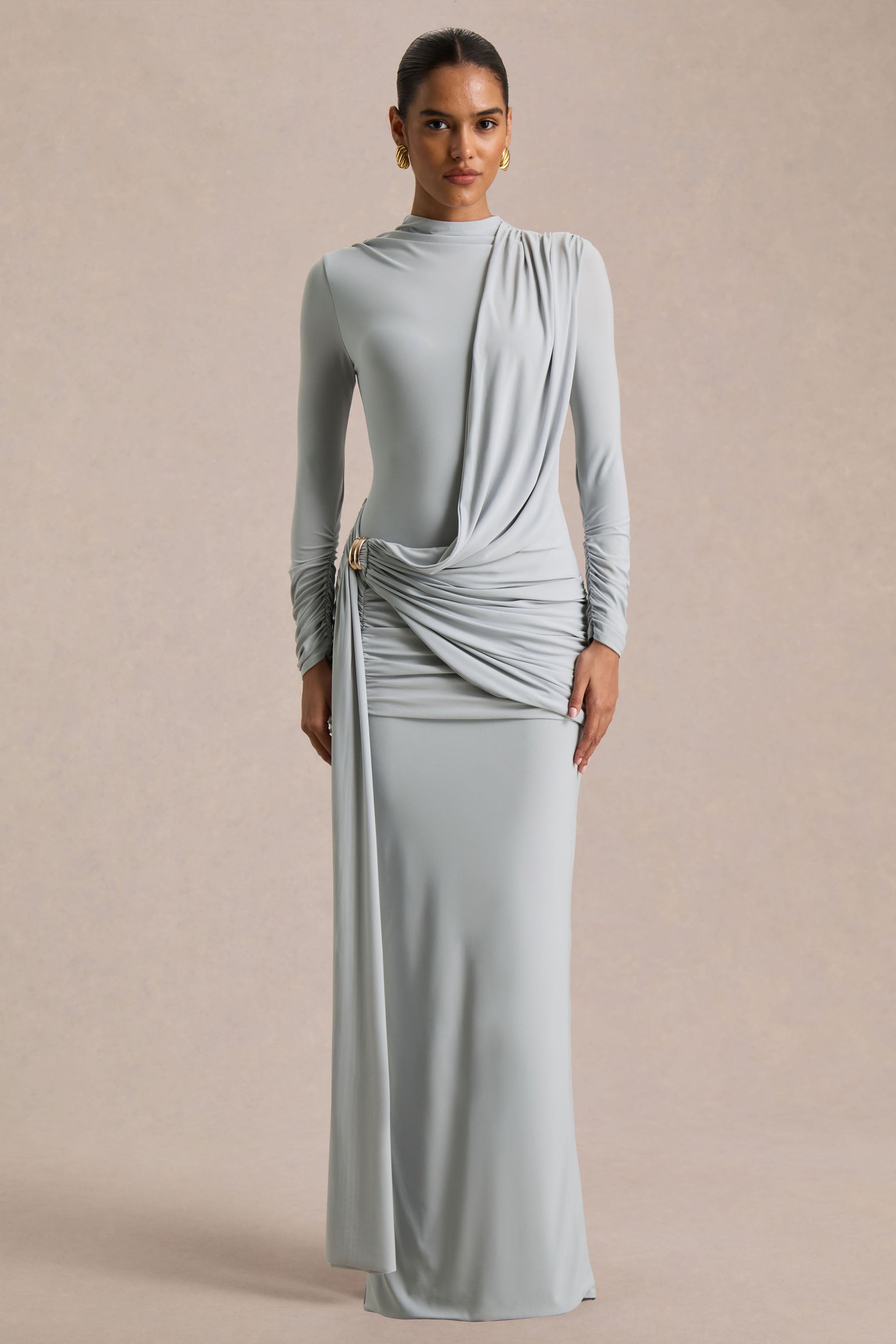 Melissa | Blue Long-Sleeve Wrap Maxi Dress With Draped Detailing-Sowoom