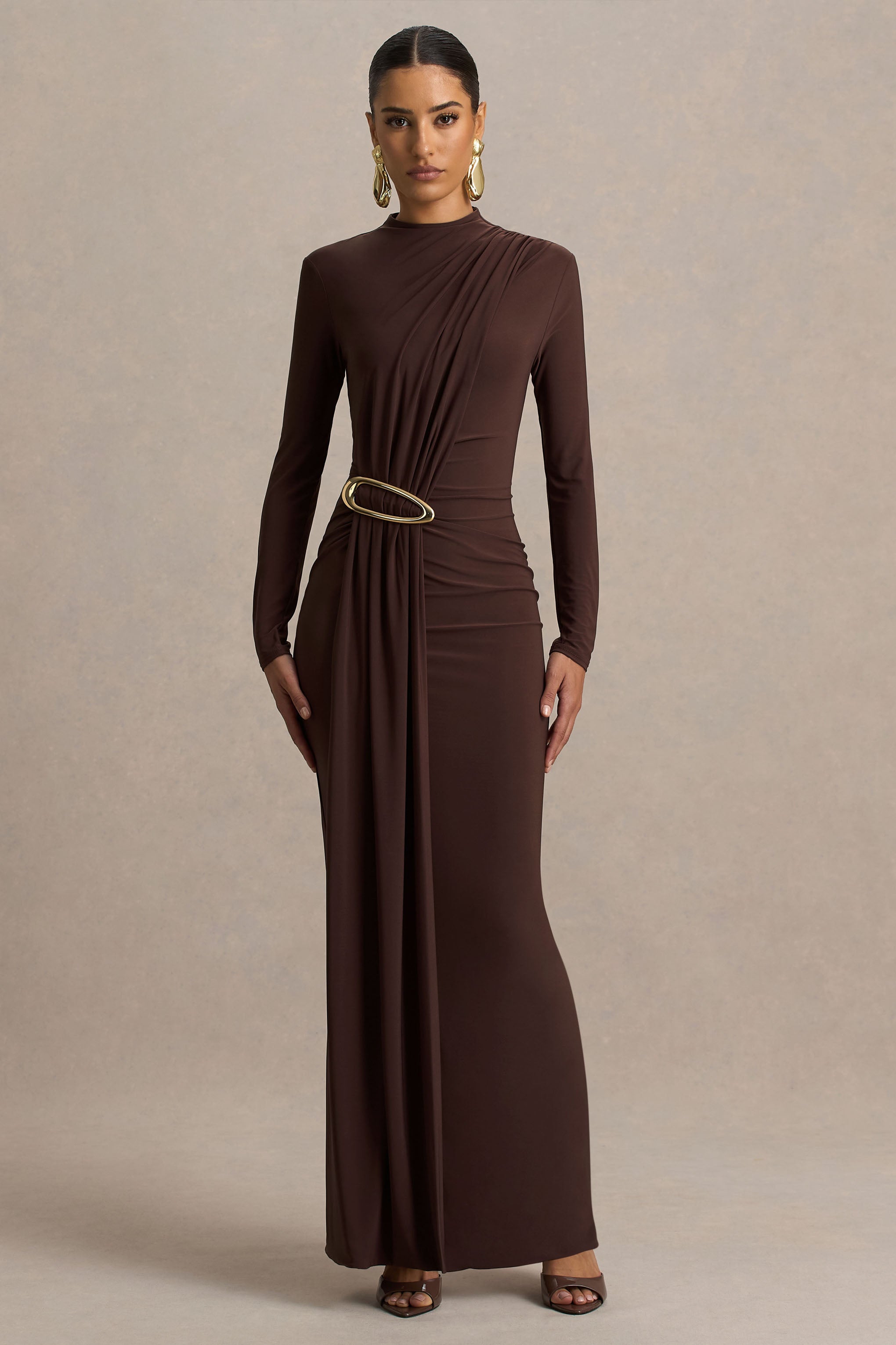 Zadie | Brown High-Neck Maxi Dress With Gathered-Detail-Sowoom