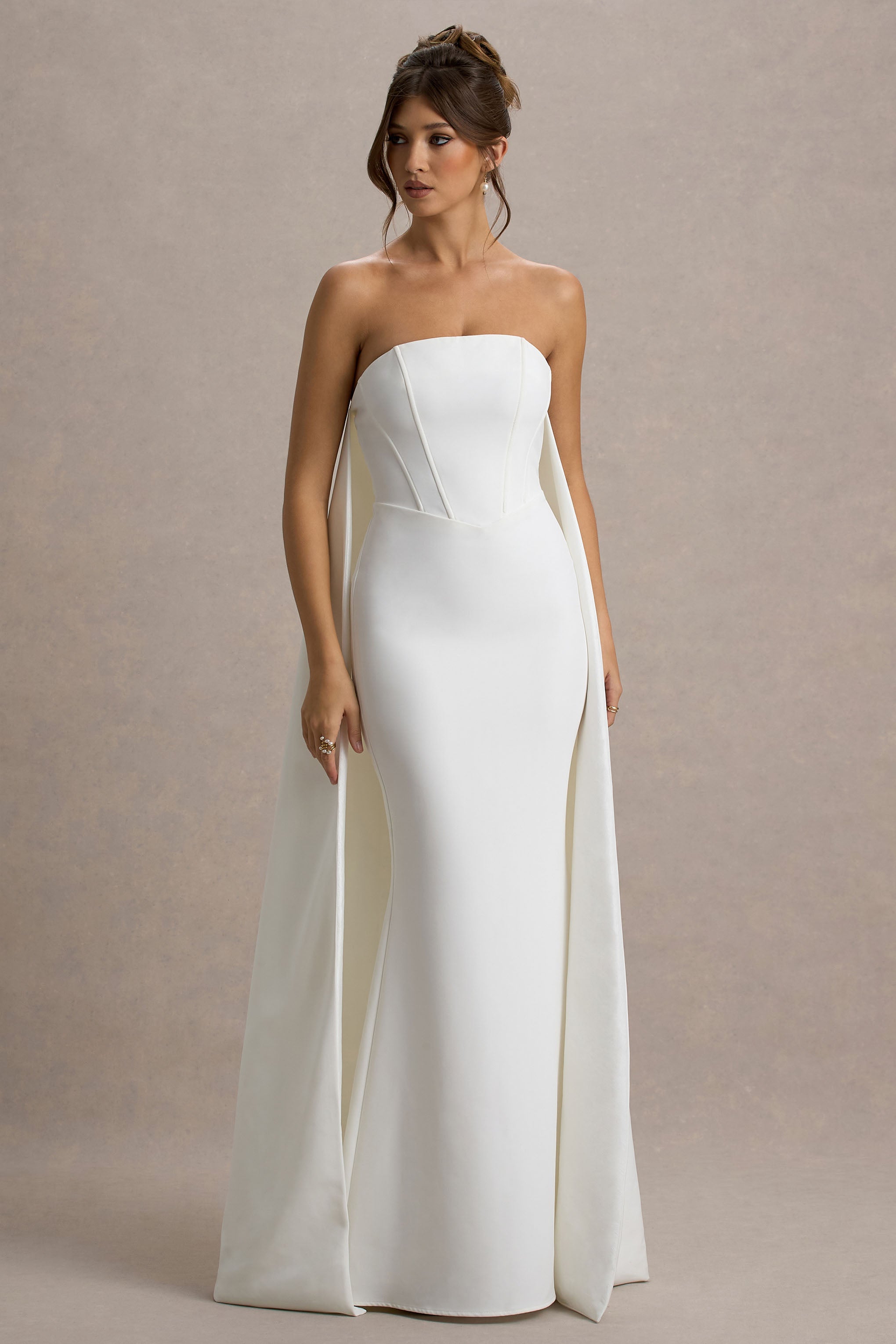 She's Trouble | White Bandeau Maxi Dress With Cape-Sowoom