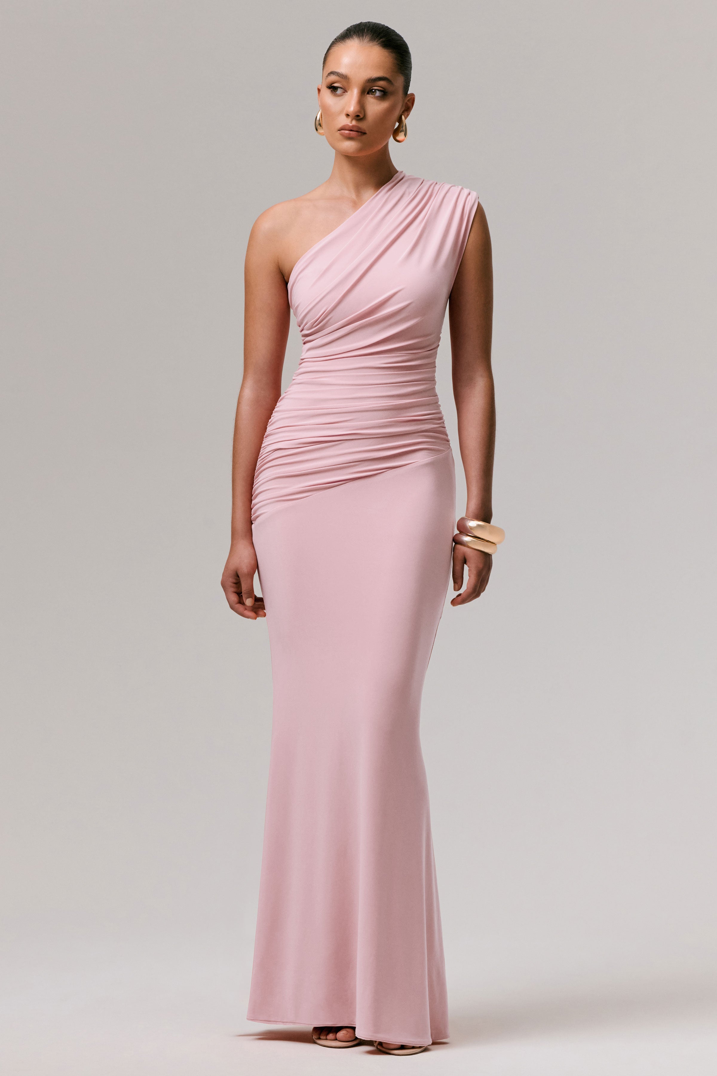 Mardi | Pink Asymmetric Maxi Dress With Ruching-Sowoom