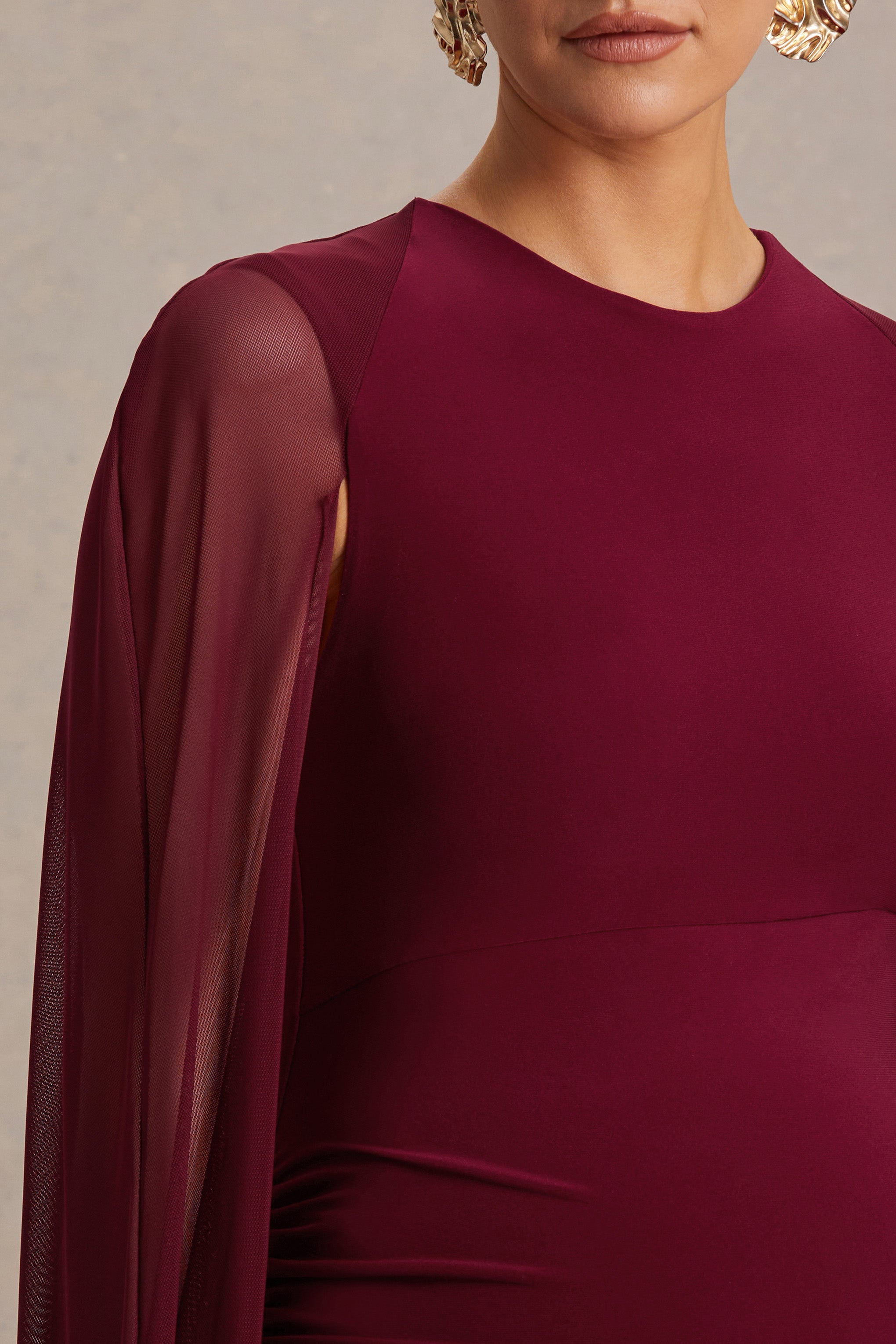 Currant | Berry High-Neck Maternity Maxi Dress With Cape-Sowoom