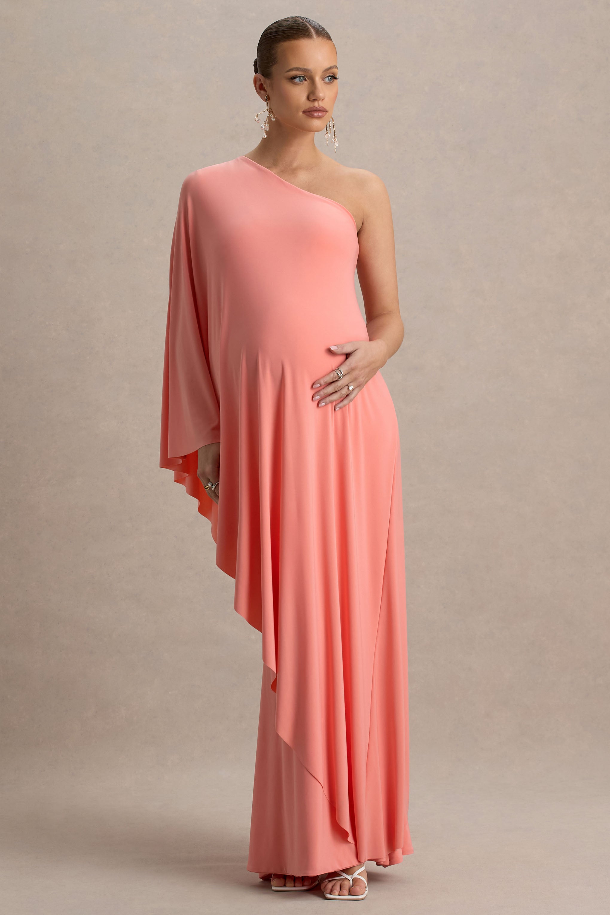 Waves | Coral Asymmetric Maternity Maxi Dress With One-Sleeve Cape-Sowoom
