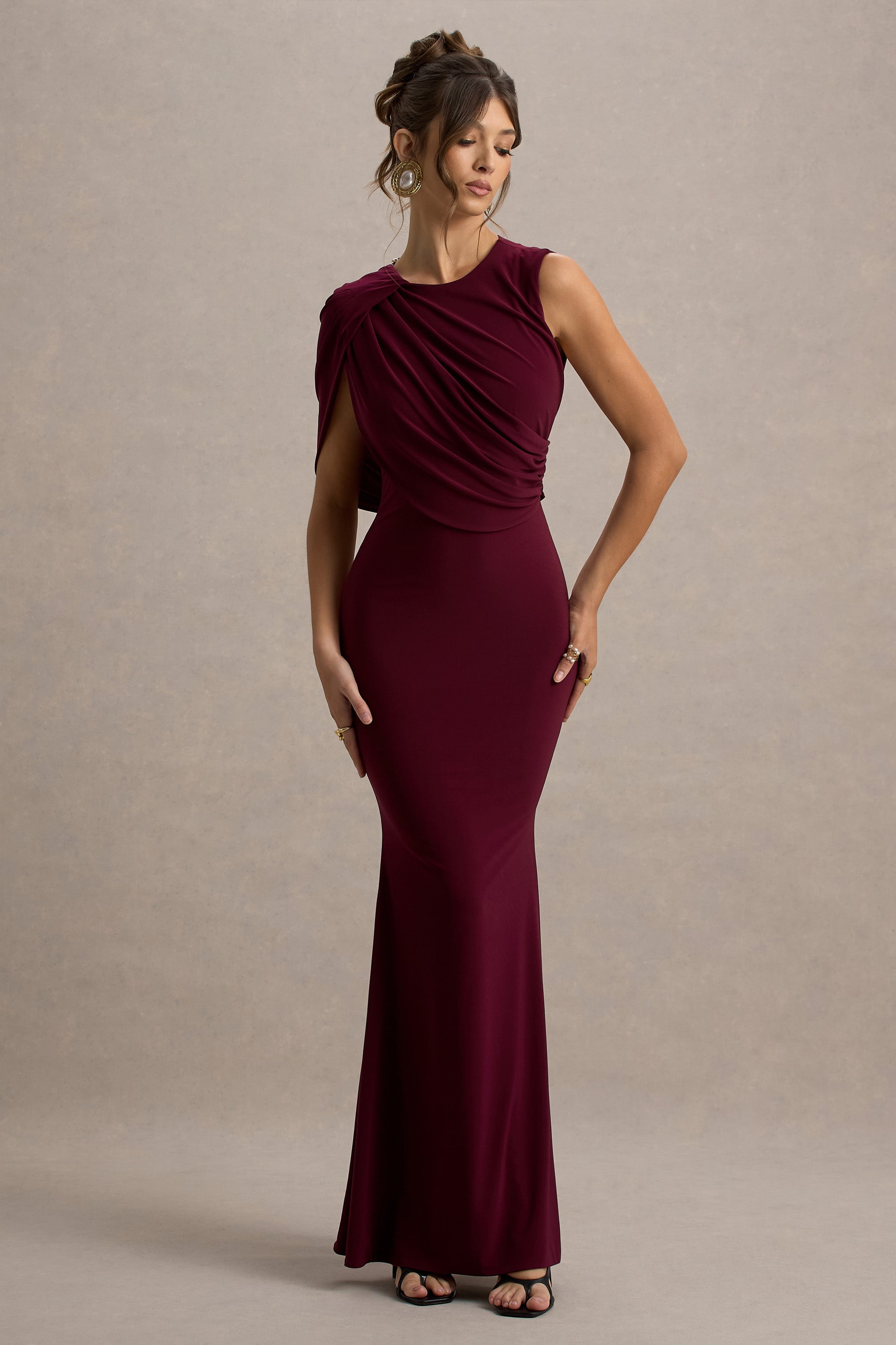 Rae | Burgundy Maxi Dress With One-Sleeve Cape-Sowoom