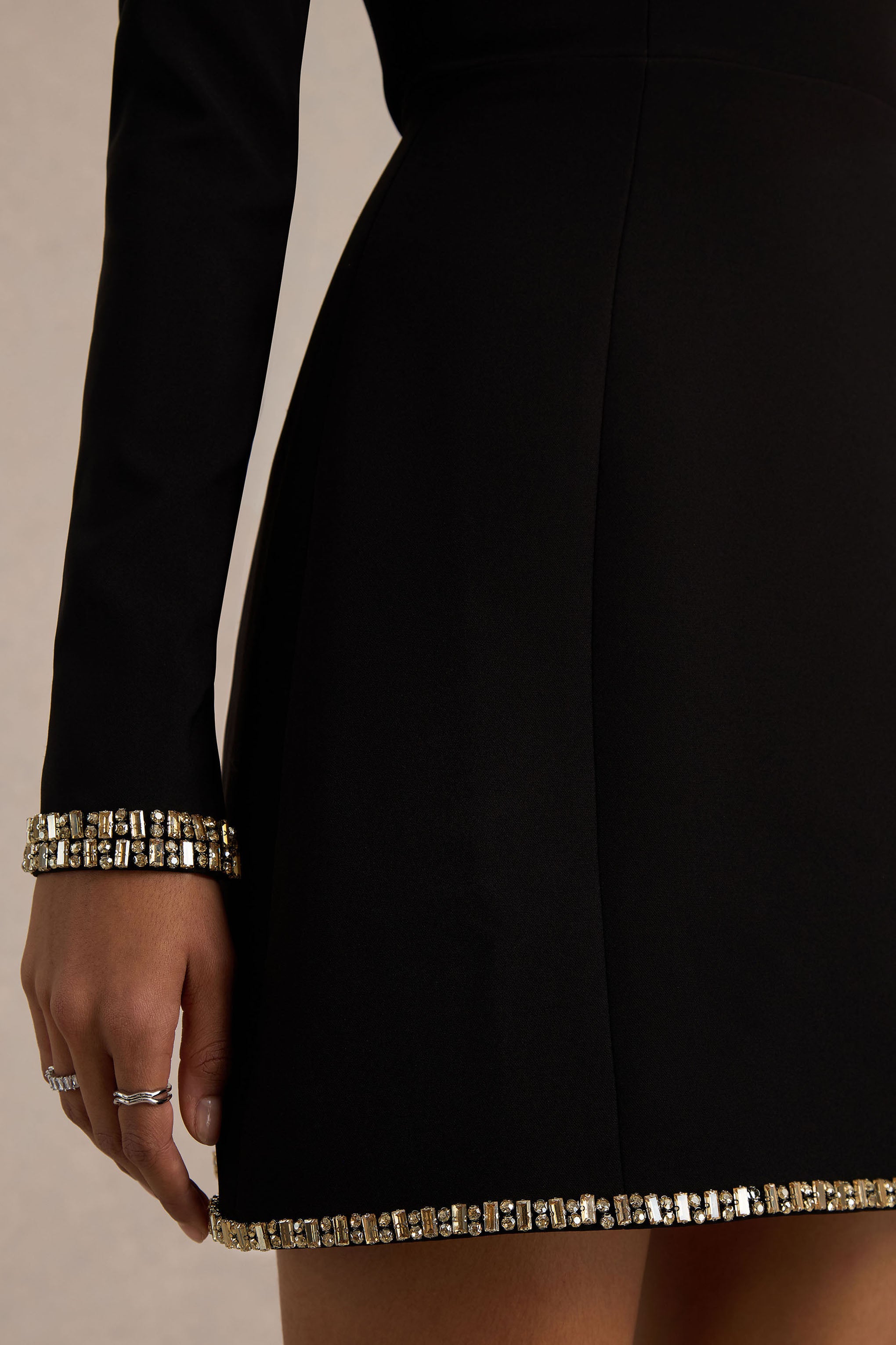 Caia | Black Embellished Square-Neck Mini Dress-Sowoom