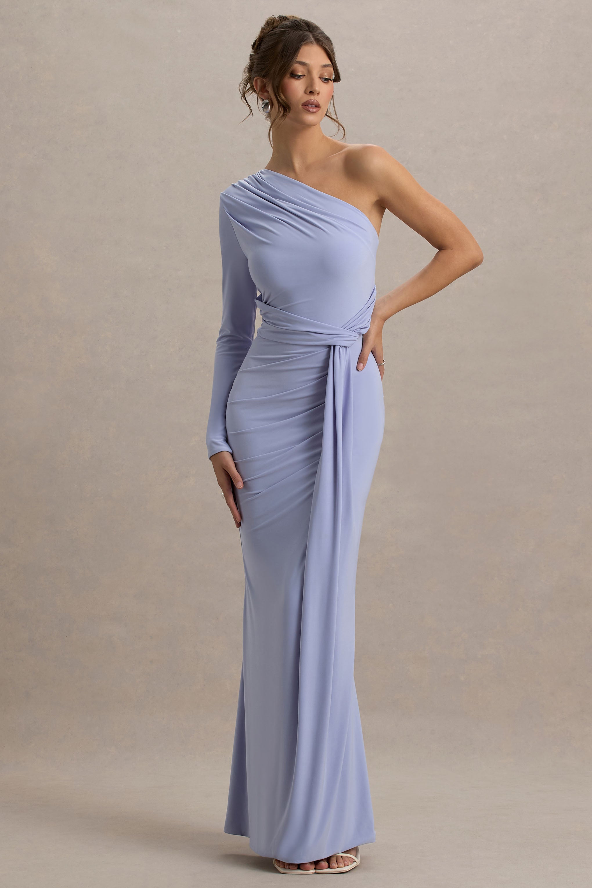 Sanya | Pale Blue Asymmetric One Sleeve Wrap Maxi Dress with Drape-Sowoom